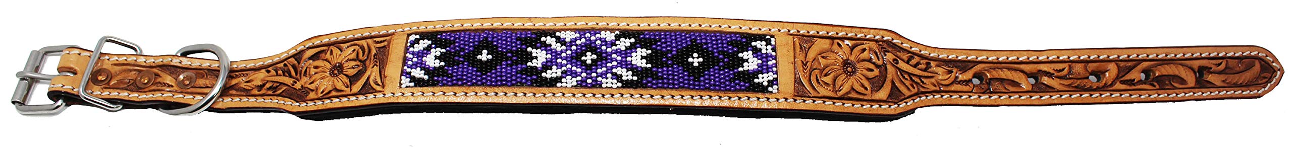 Challenger Medium 17''- 21'' Padded Leather Dog Collar Beaded Floral Hand Tooled 60178