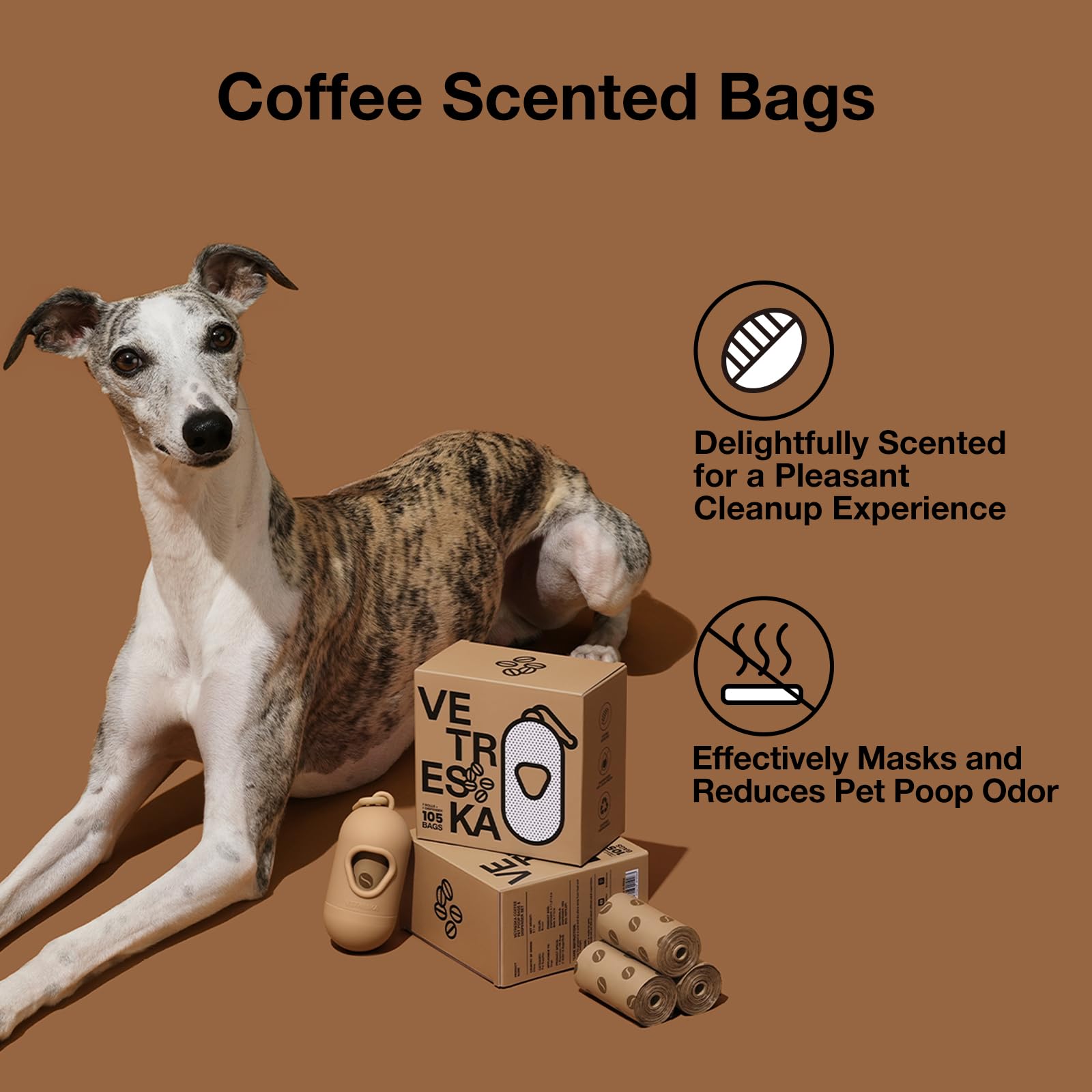Vetreska Dog Poop Bags Dispenser With Coffee Scented Waste Bags, Leak Proof, Extra Thick & Strong, 1 Holder And 105 Count Pet Po