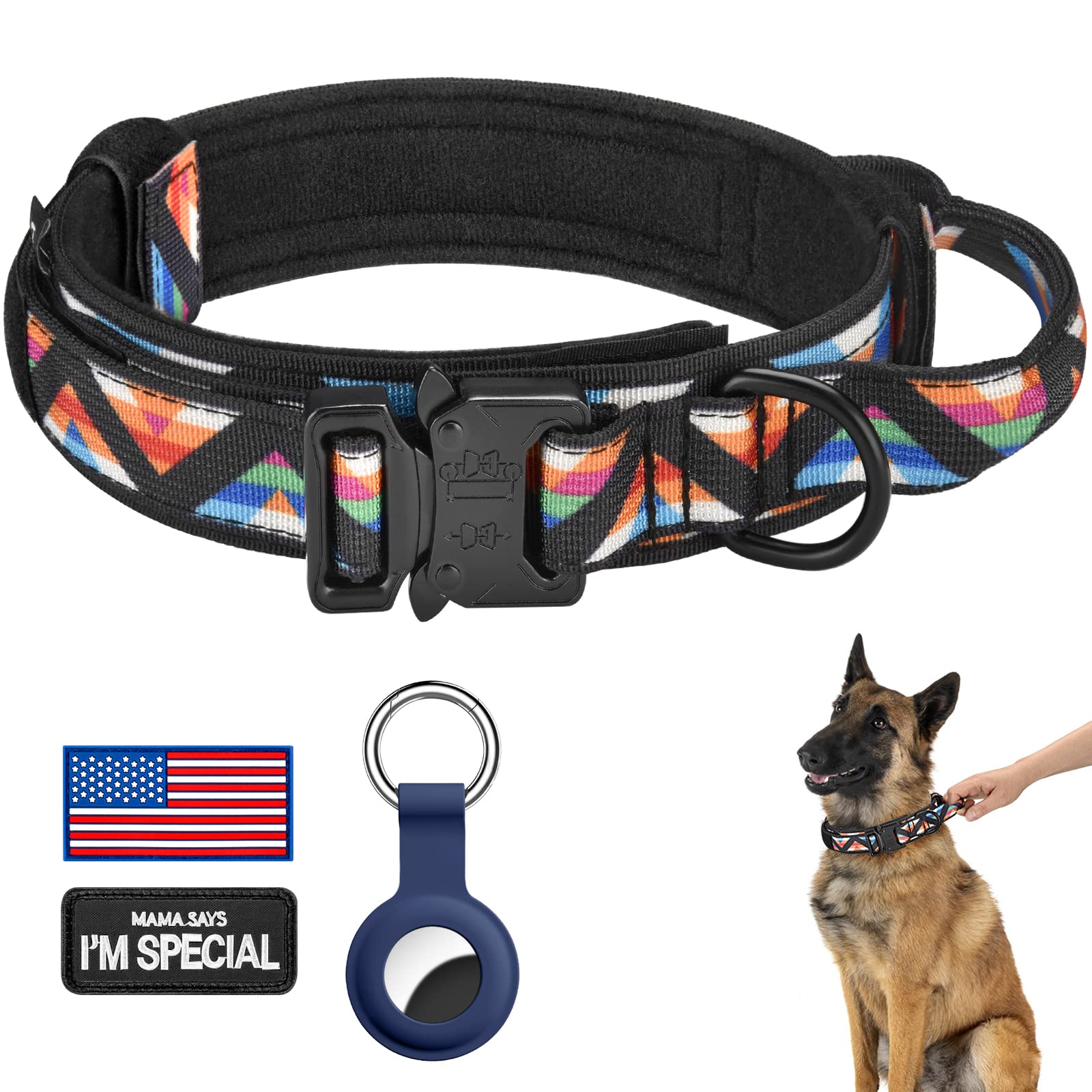 Daganxi Tactical Dog Collar, Adjustable Military Training Nylon Dog Collar With Control Handle And Heavy Metal Buckle For Medium And Large Dogs, With Patches And Airtags Case (Xl, Colorful Triangle)