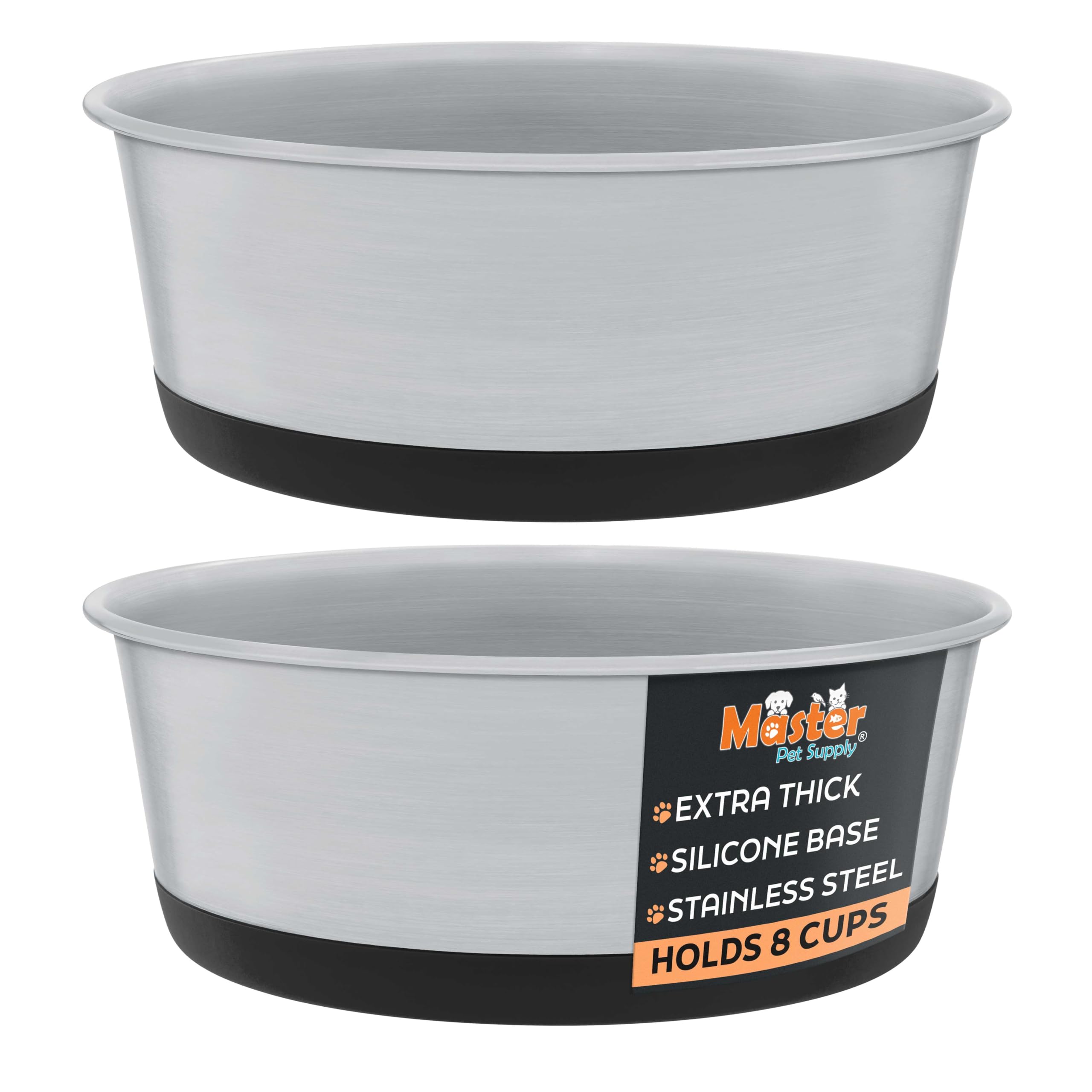 Master Pet Supply Stainless Steel Dog Bowls Set of 2 with Extra Thick Silicone Base - 8 Cup (64 oz) Black Velvet, Non-Slip, Dish