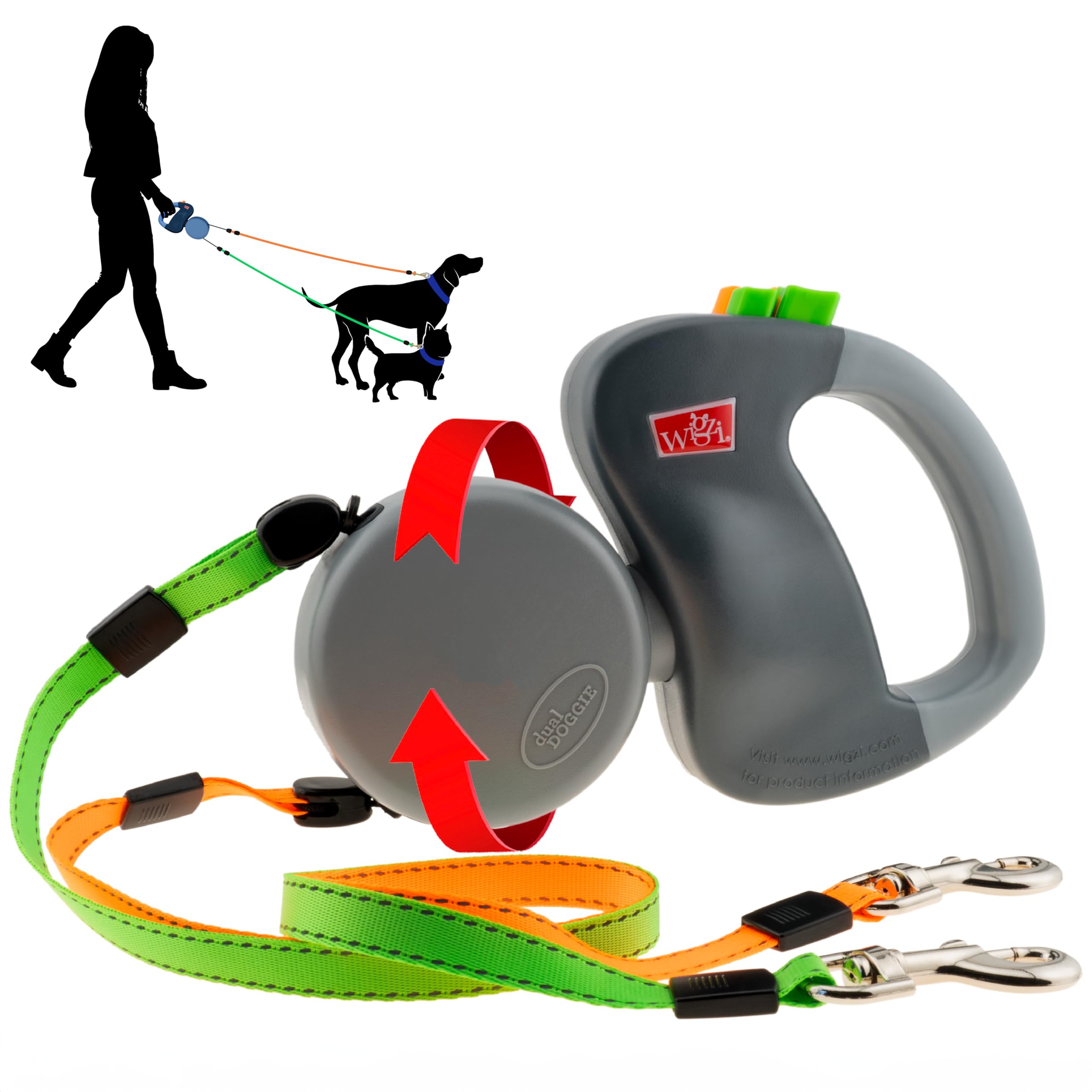 Wigzi (2 Two Dog Reflective Retractable Pet Leash - 360 Degree Zero Tangle Patent - Two Dogs Each Up To 50 Lbs And 10Ft. Reflect