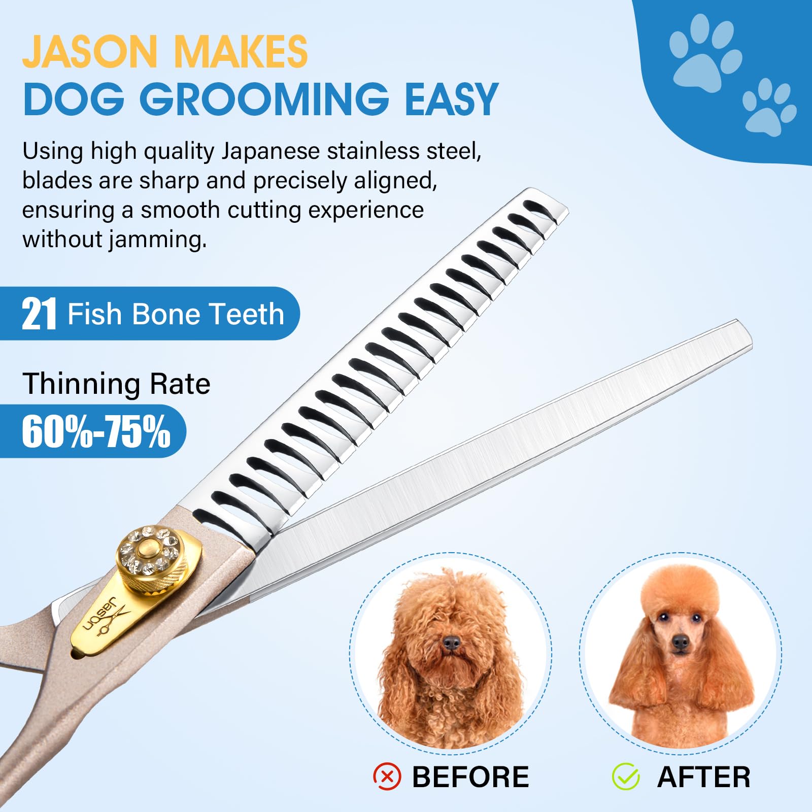 Jason Professional Dog Grooming Scissors - 7 Inch Chunker Shear Japanese 440C Stainless Steel Diamond Screw With 21 Fishbone Tee