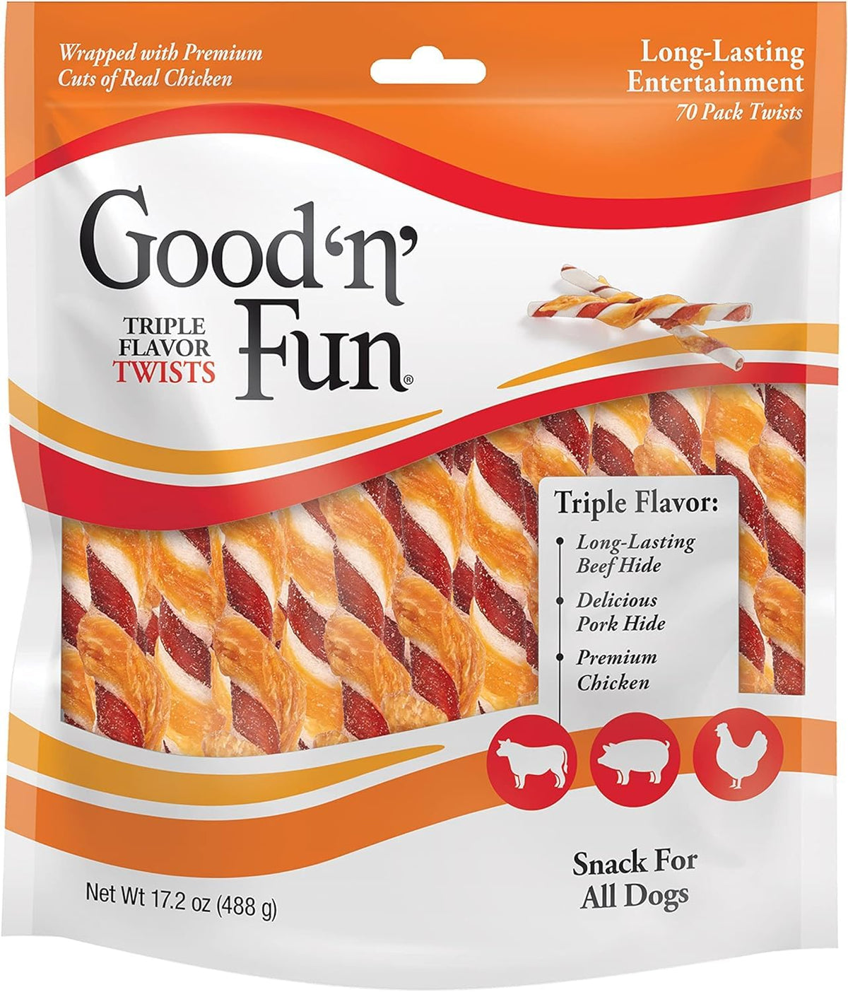 Good'N'Fun Triple Flavor Twists, Dog Chew Sticks, Premium Chicken And Beef Hide Treats For Dogs, 70 Count