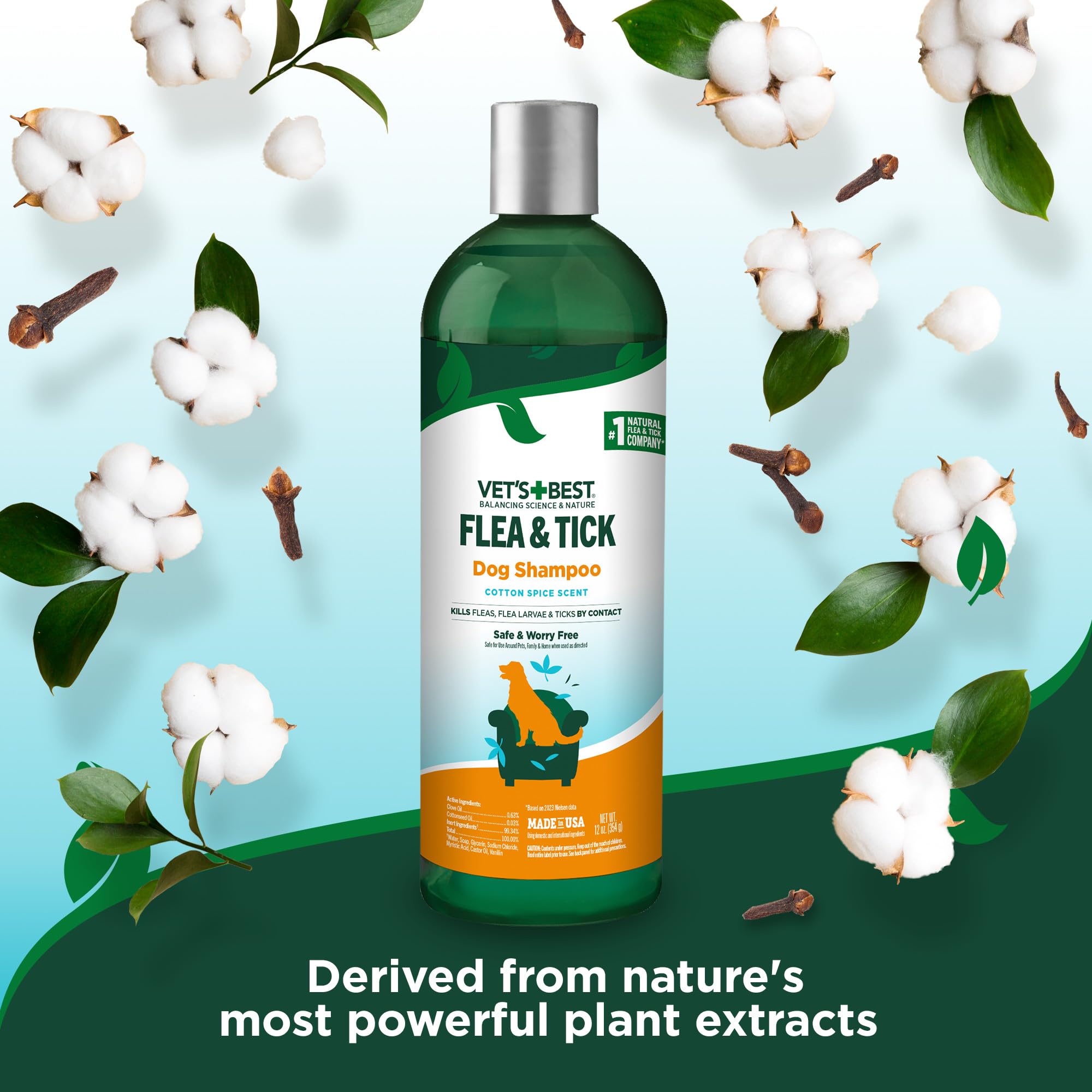 Vets Best Flea & Tick Shampoo for Dogs - Cotton Spice Scented Flea and Tick Shampoo - Made for Dogs - Protects Against Fleas, L