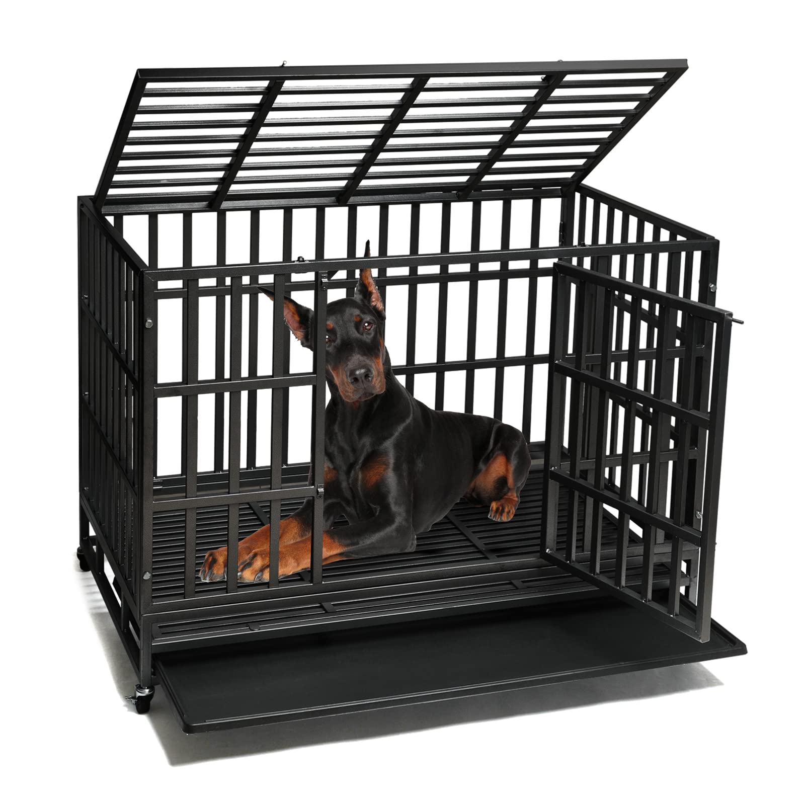 Shushim Enhanced Heavy Duty Dog Kennel Crate Cage With Strong Metal Frame, Double Doors And Lockable Wheels, For Extra Large Dog