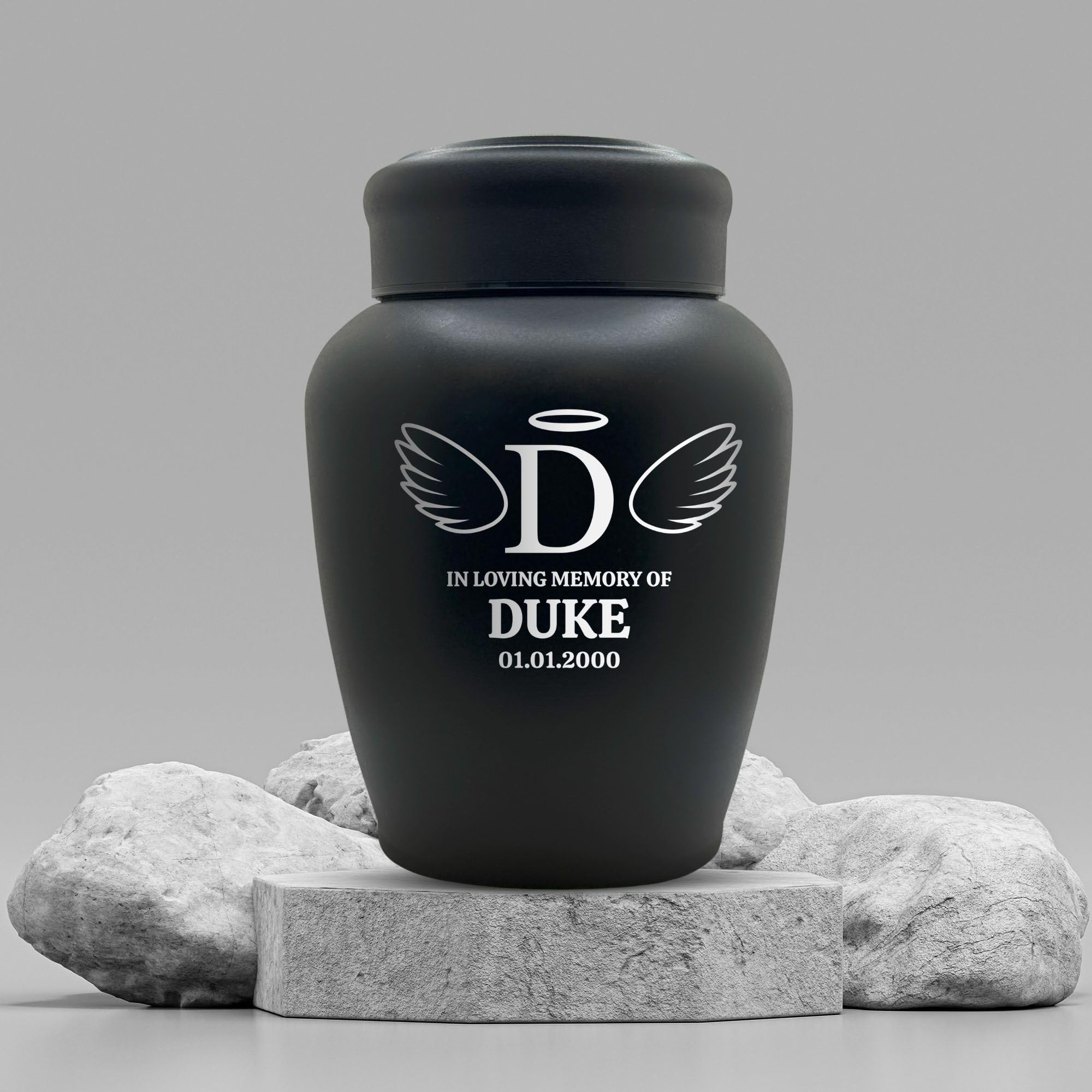 Custom Engraved Dog Urn - Stainless Steel, Black, Angel Pattern - Large Cremation Urns For Dogs Up To 150 Lbs With Airtight Clos