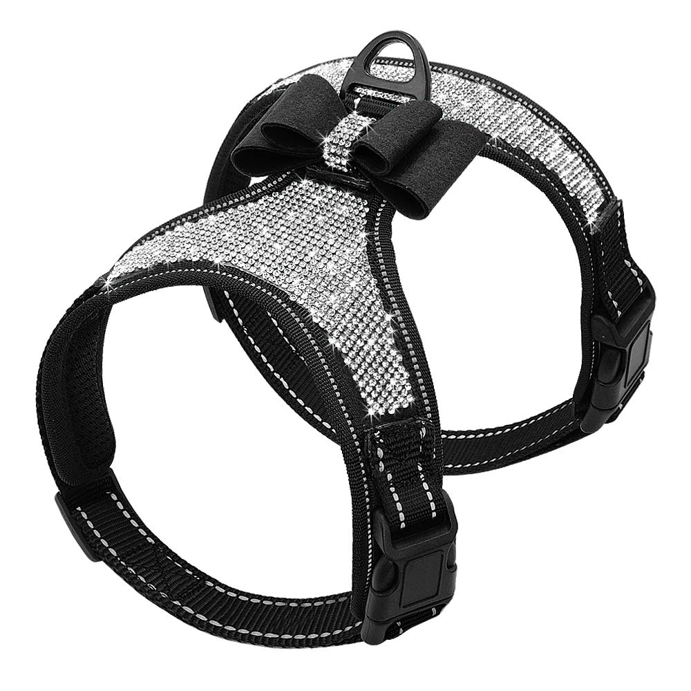 Beirui Rhinestone Dog Harness - Reflective Bling Nylon Dog Vest With Sparkly Bow Tie For Small Medium Large Dogs Walking,Party And Wedding,Black,S