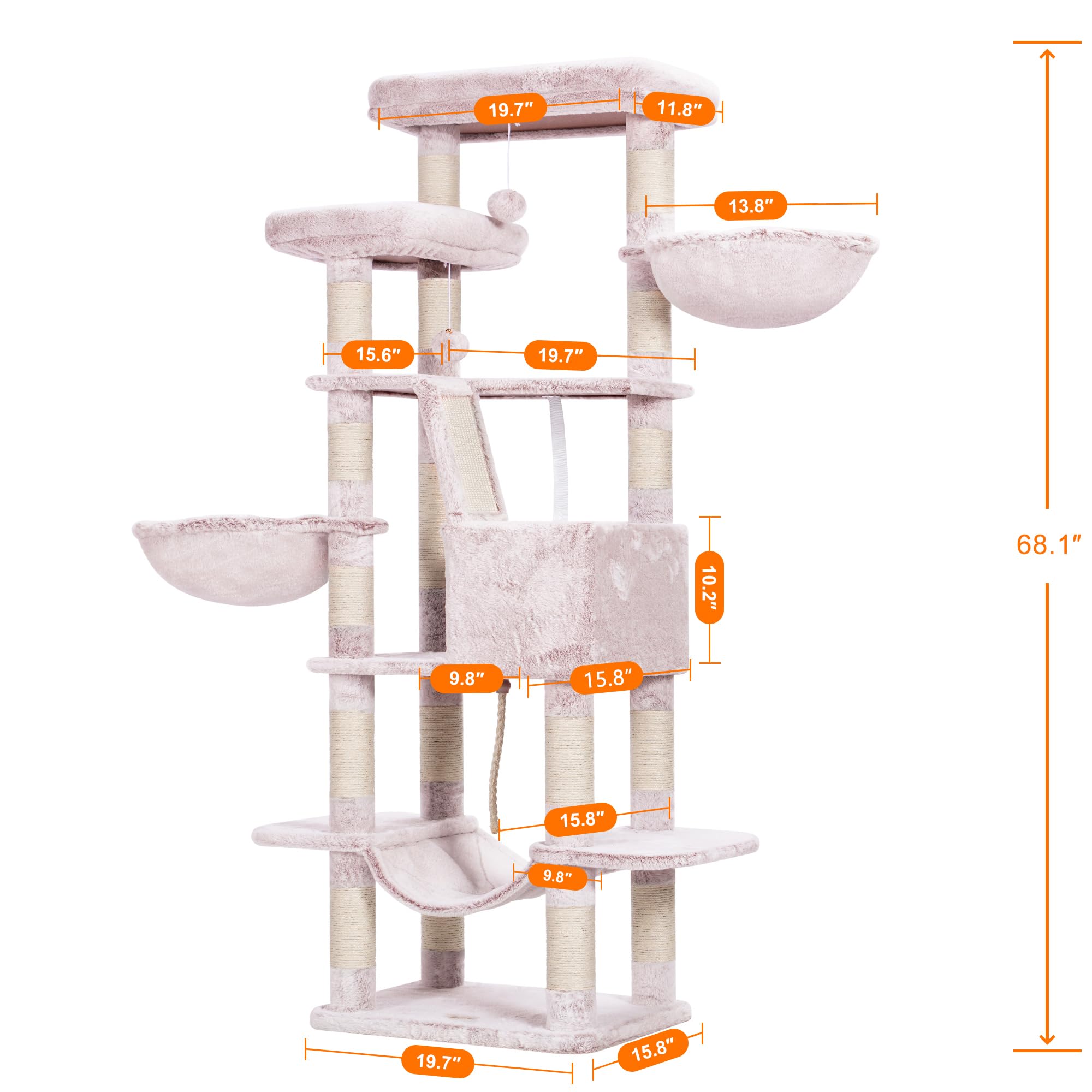 Heybly Cat Tree, 68 Inch Multi-Level Cat Tower For Indoor Cats, 2 Widened Plush Perches Cat Condo With Scratching Board And Big