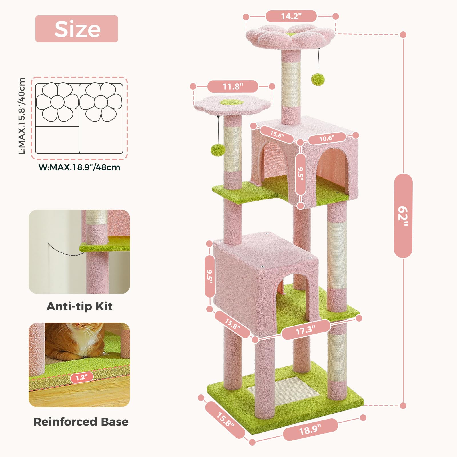 Pawz Road Pink Flower Cat Tree Tower 62 Inches Cat Tree With 2 Condos,2 Flower Perches,4 Scratching Posts & 1 Scratching Board,