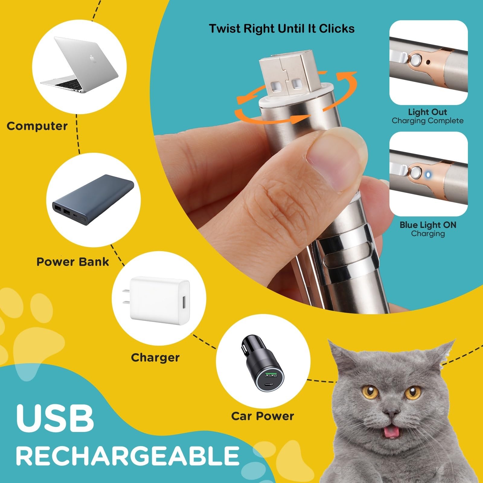 Koackl Cat Toy Pointer For Indoor, Usb Rechargeable Cat Toy, 3 Light Colors Cat Interactive Toys For Dogs, Cats, Pet Chase Toy F