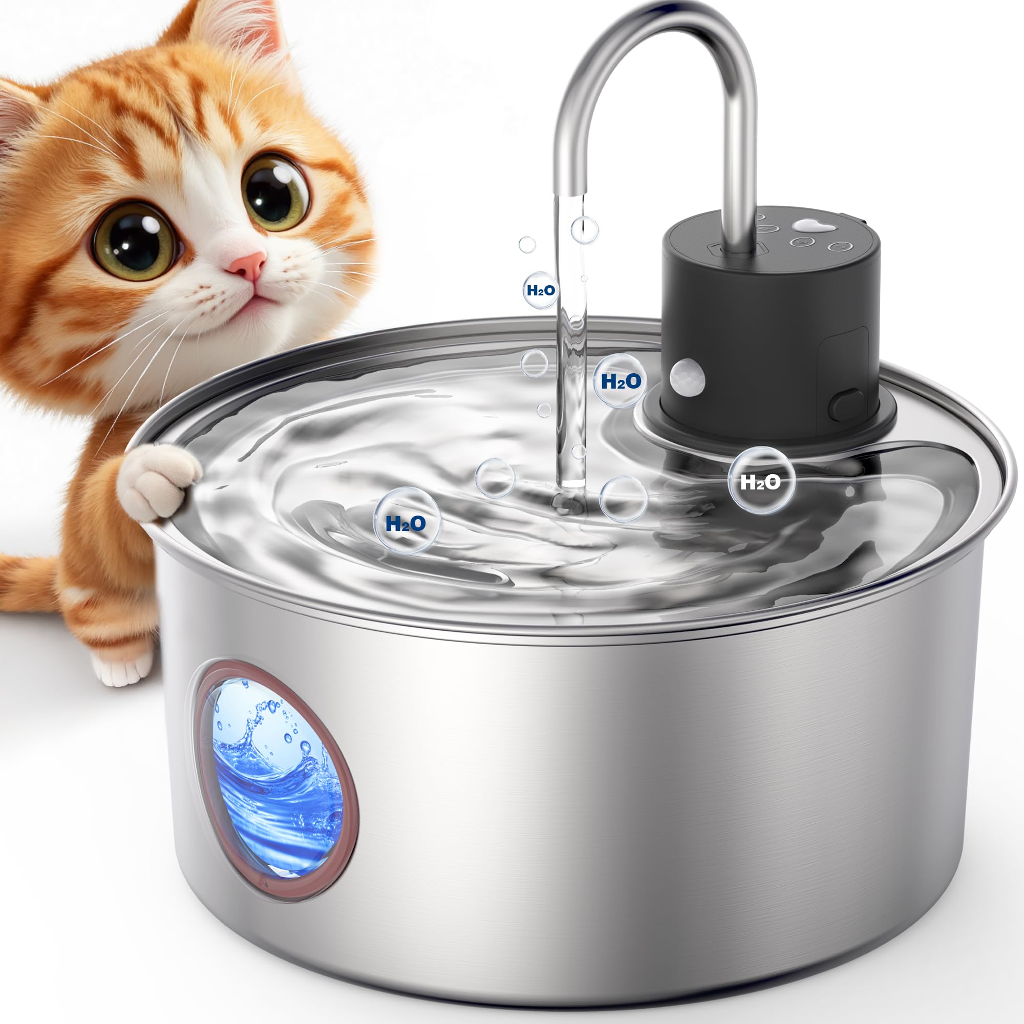 Fwmb Wireless Cat Water Fountain Battery Operated - Stainless Steel Cat Dringking Fountain Cordless,Rechargeable Fountain With S