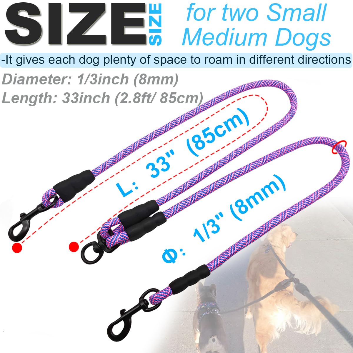 Mycicy Double Dog Leash Coupler - 33 No Tangle 360° Swivel Splitter for Large, Medium & Small Dogs - Pinkblue