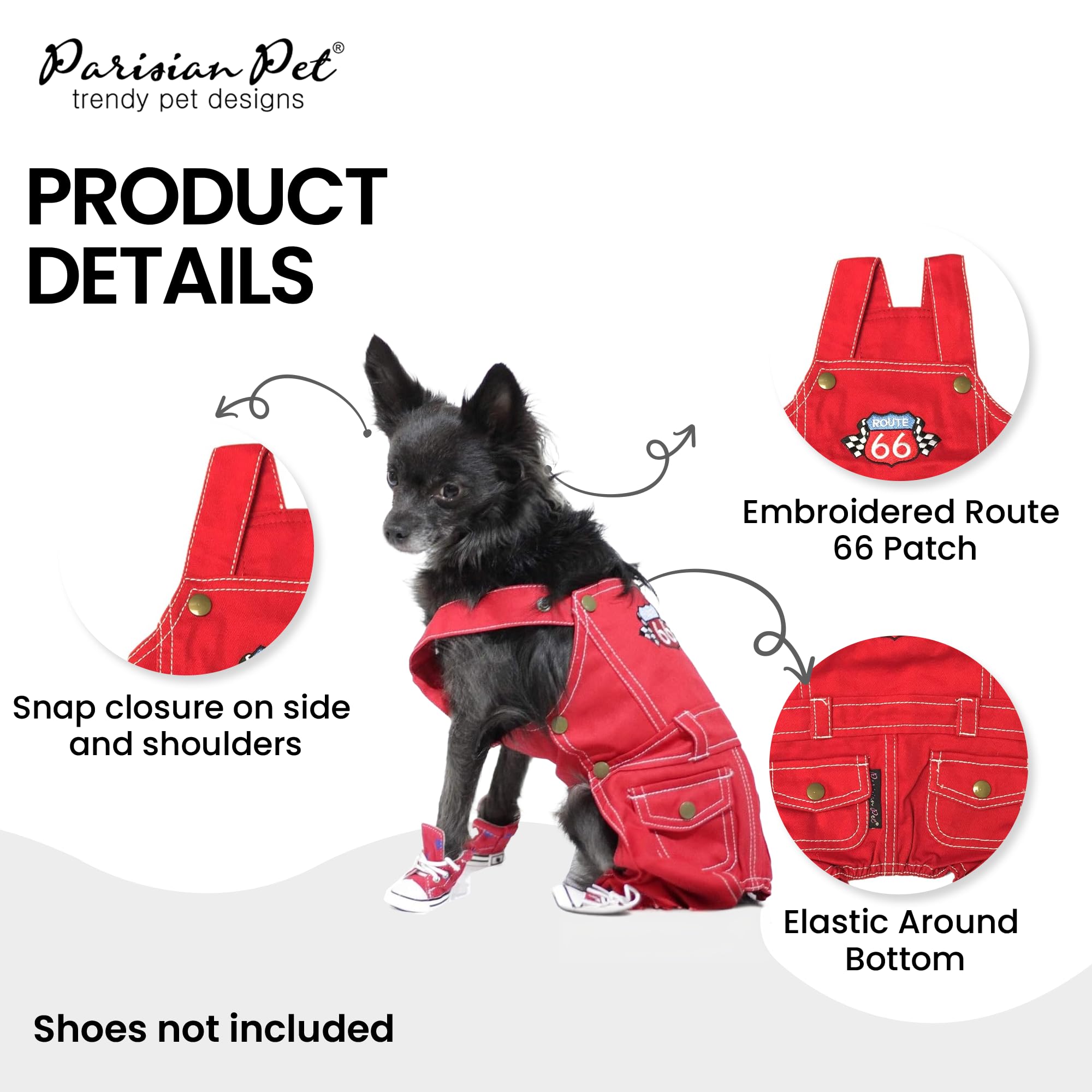 Parisian Pet Denim Overall - Route 66 Red Jumpsuit - Breathable & Machine Washable for Large Dogs, Size L