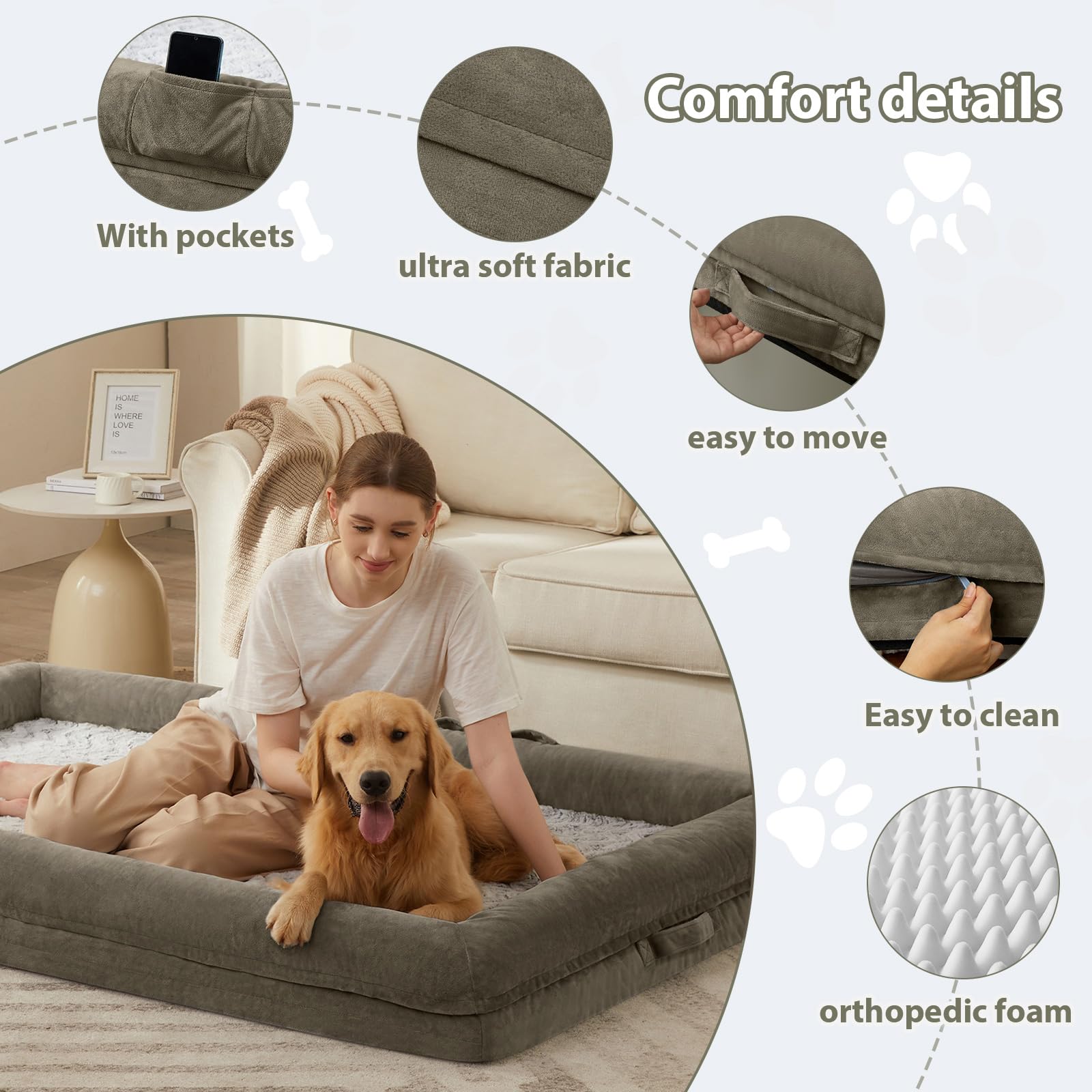 WNPETHOME Human Dog Bed for Adult, Washable Dog Couch with Removable Waterproof Cover, Orthopedic Large Pet Sofa Bed with Bolste
