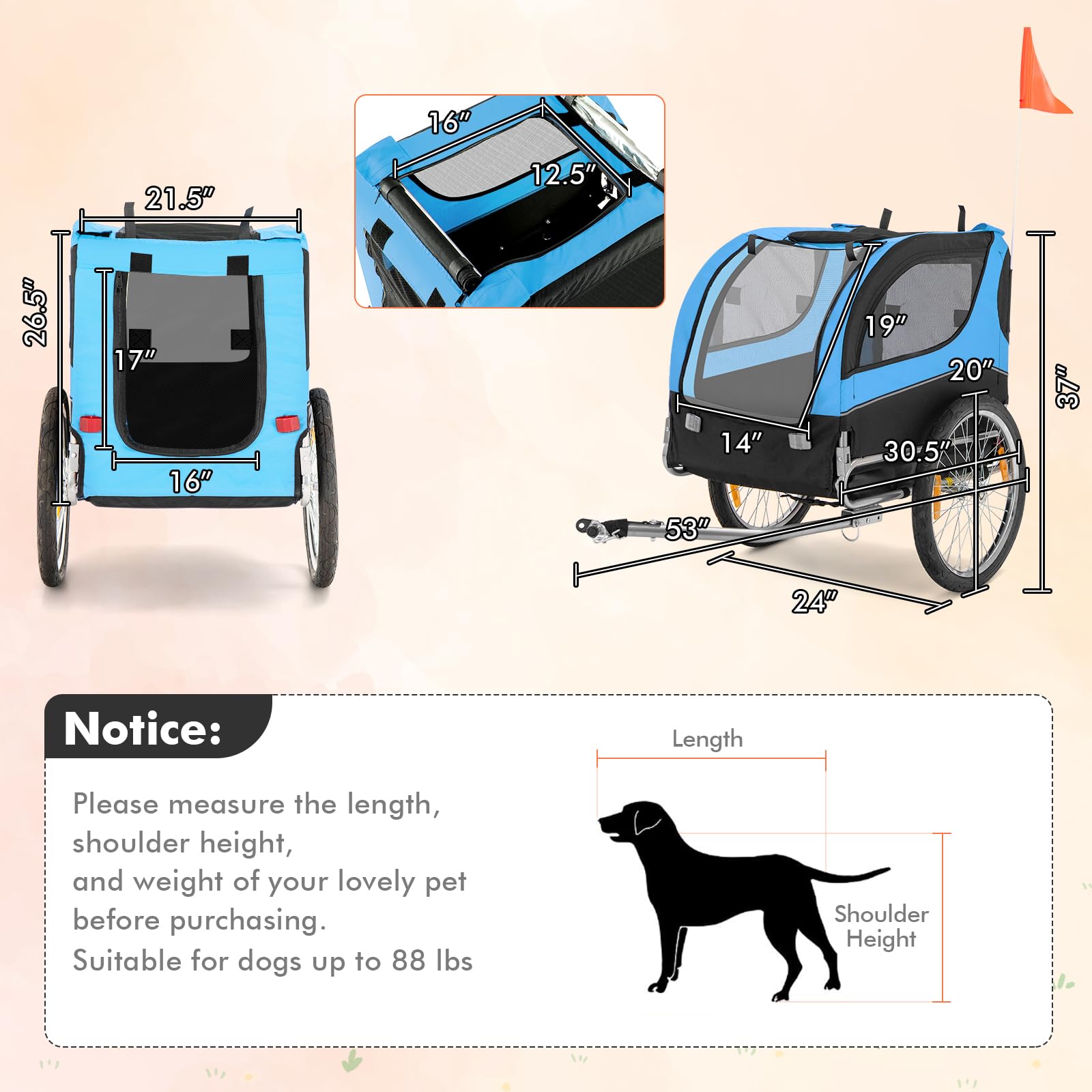 Tangkula Dog Bike Trailer, Breathable Mesh Dog Cart With 3 Entrances, Safety Flag, 8 Reflectors, Folding Pet Carrier Wagon With 20 Inch Wheels, Bicycle Carrier For Medium And Small Sized Dogs (Blue)