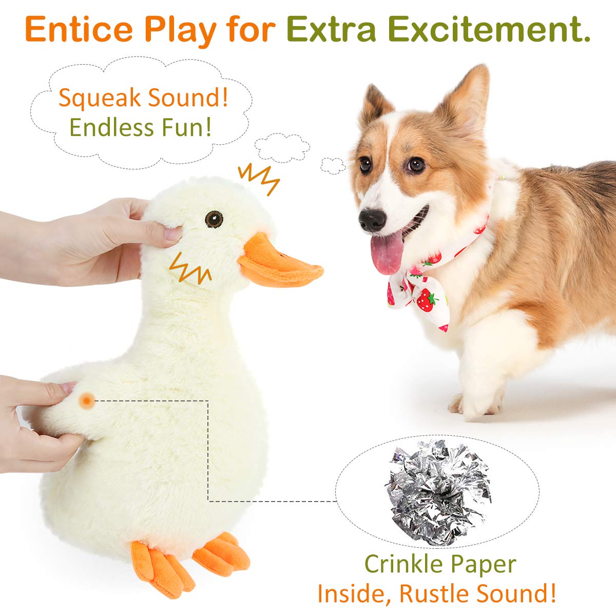 Pawaboo Squeak Plush Duck Dog Toy, Large 12'' Super Soft Plush Stuffed Duck-Shaped Pet Toys, Crinkle Paper Rattle Pet Biting Tra