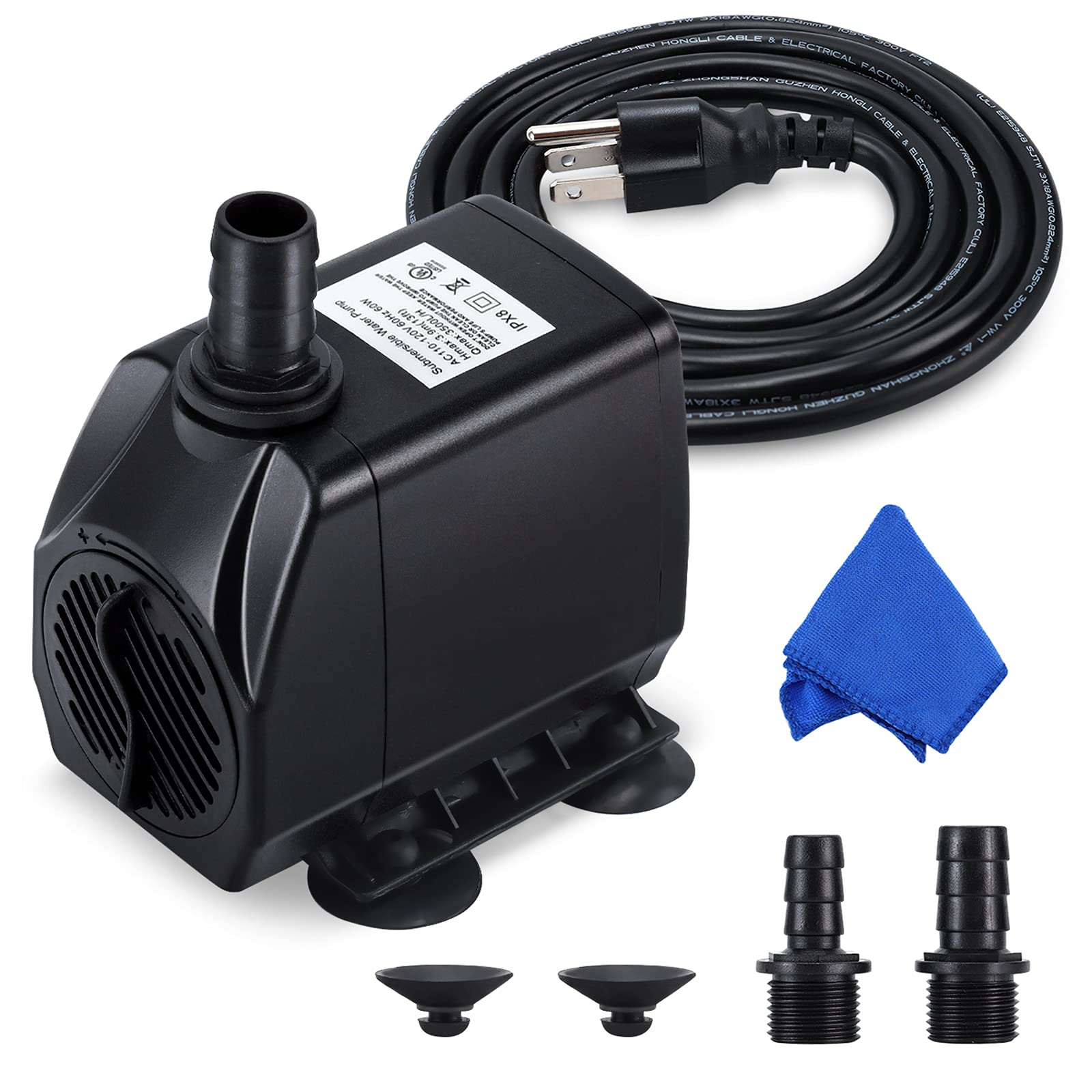 Cwkj Fountain Pump, 880Gph Submersible Water Pump, Durable 60W Outdoor Fountain Water Pump With 6.5Ft Power Cord, 3 Nozzles For 
