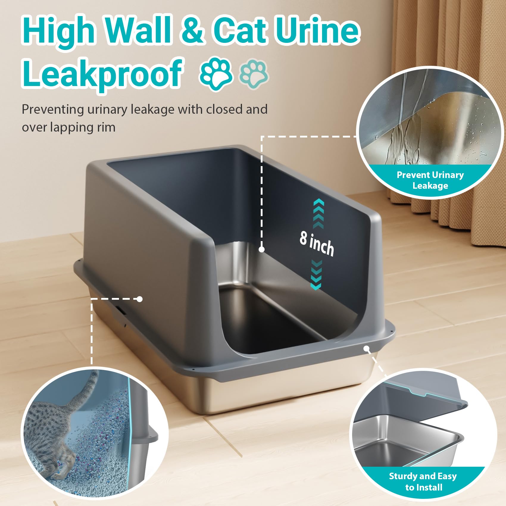 Lihong Stainless Steel Litter Box With Lid, Xl Metal Cat Litter Pan, Non-Sticky Large Kitty Box, Anti-Leakage, 23.5' X 15.6' X