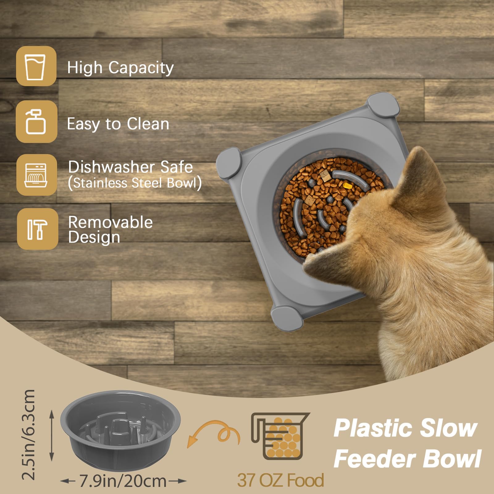 Lewondr Elevated Slow Feeder Bowls, Adjustable Dog Slow Feeder with 3 Heights (6.1, 7.7, 9.3) Non-Slip Stand for Medium Large Br
