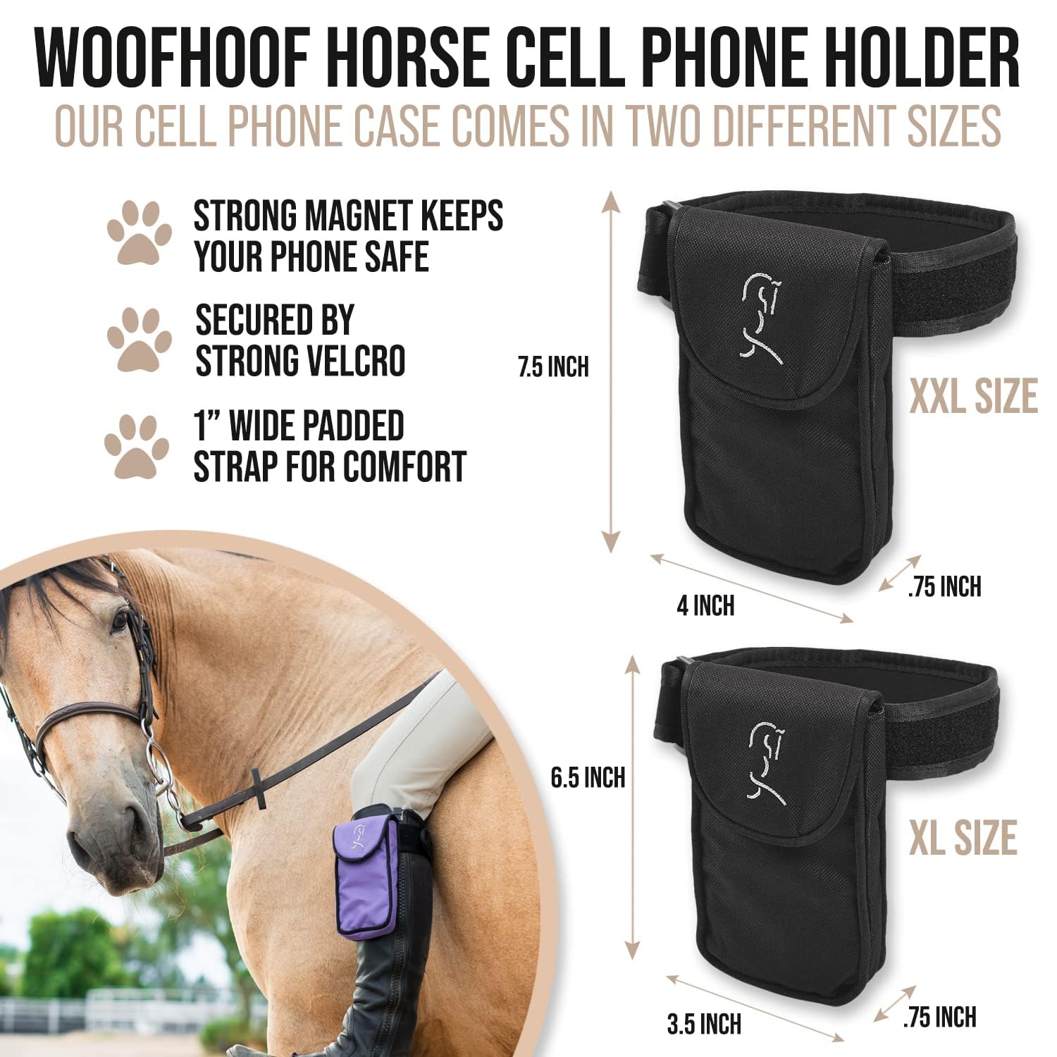 Woofhoof Equestrian Cell Phone Holder, XL Black On The Calf/Leg Band Holster - Perfect Horse Accessories, Universal Fit, Padded
