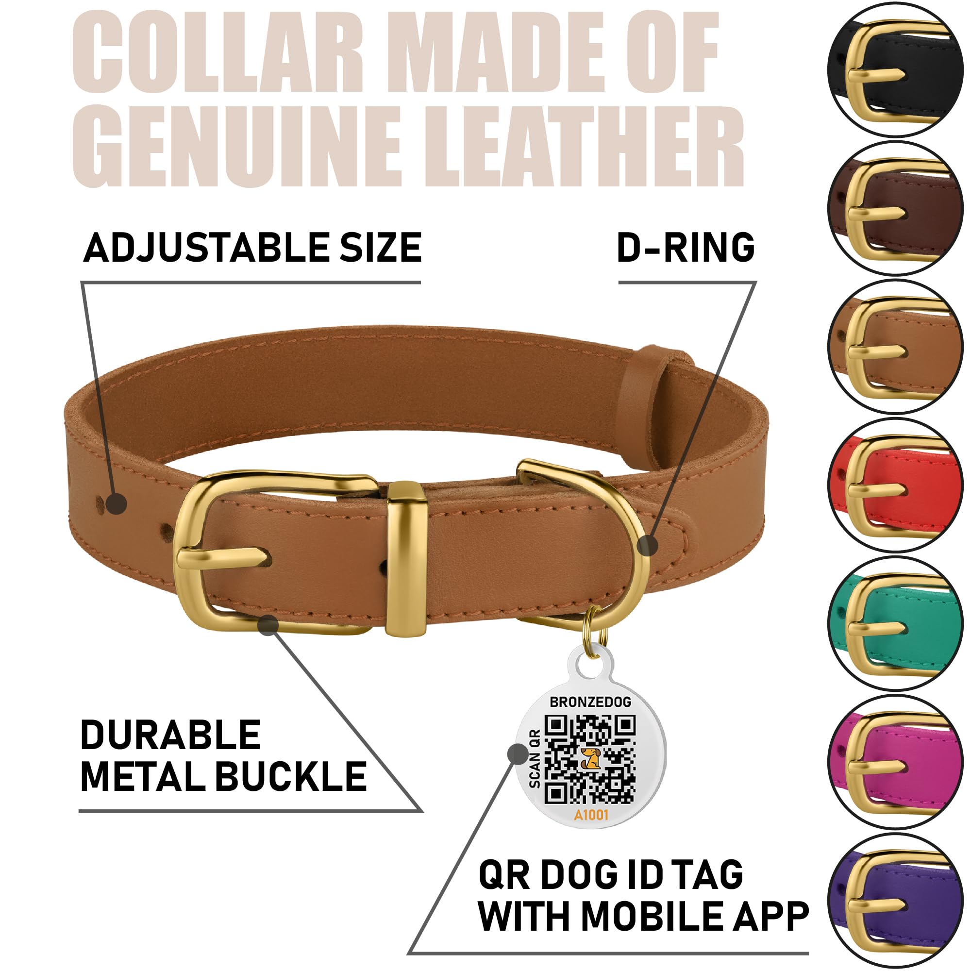 Bronzedog Leather Dog Collar With Qr Id Tag Basic Pet Collars For Small Mini Dogs Cats Puppies (9-11 Inch (Pack Of 1), Light Bro