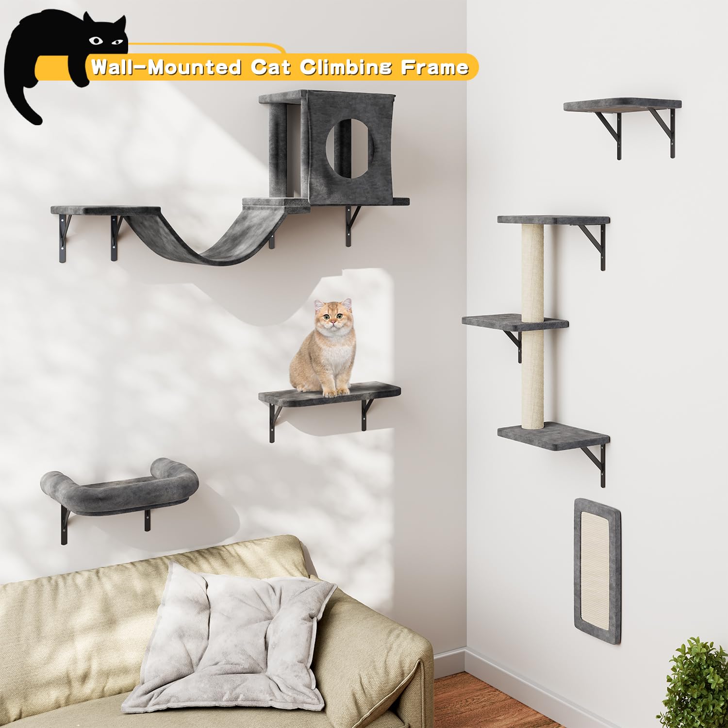 Nunu Lab Wall Mounted Cat Climber Set, 6 Pcs Cat Furniture Set With House, Tunnel, Bridge, Steps, Scratcher Board And Hammock, S