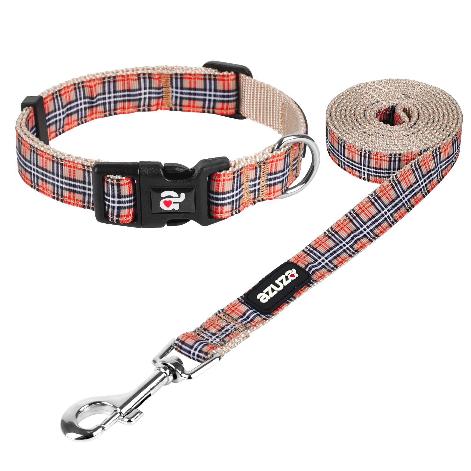 Azuza Dog Collar And Leash Set, Classic Plaid Dog Collar With Matching Leash For Small Dogs, Great For Christmas, New Year, Festivals And Daily Use