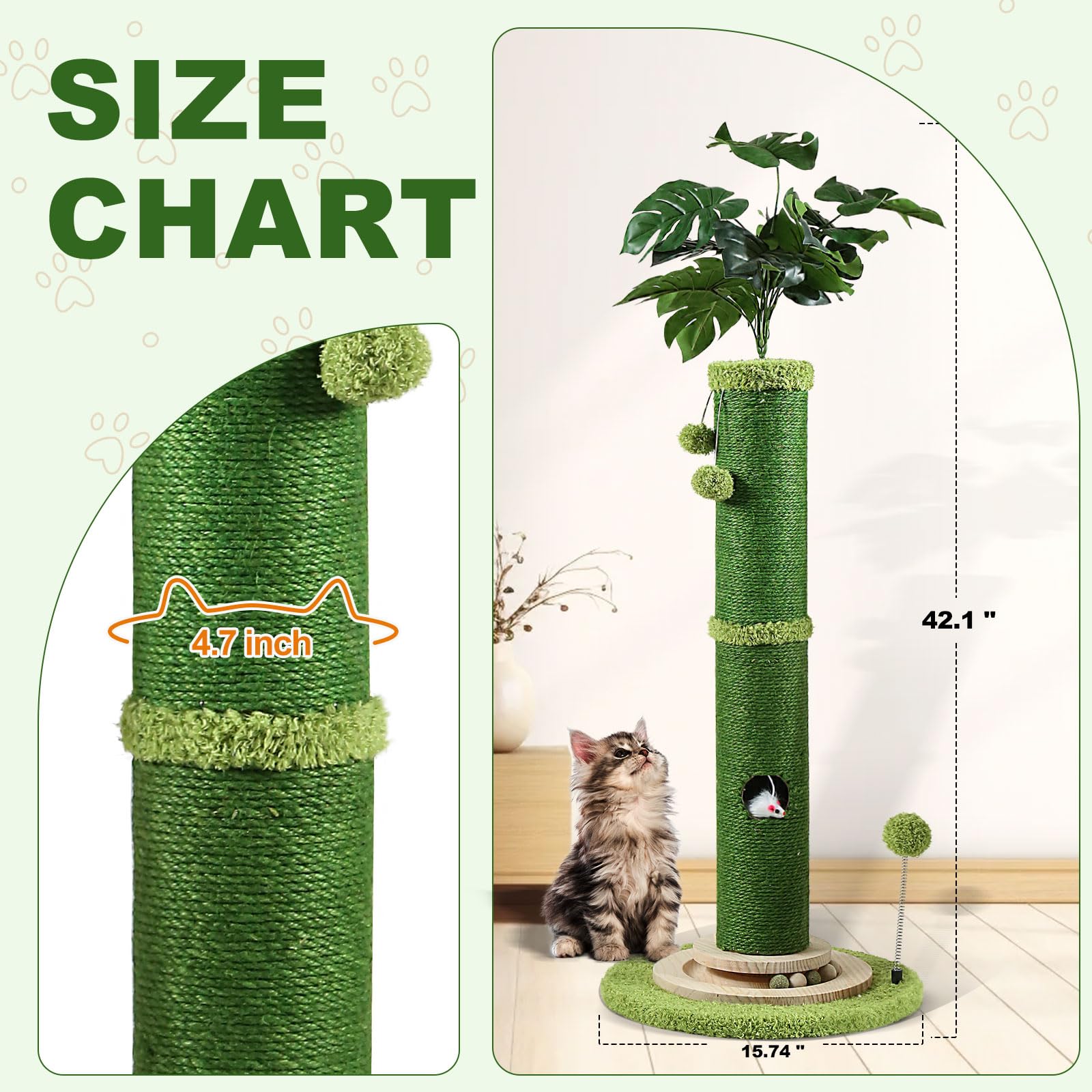 Oyx Scratching Posts For Indoor Cats, 42 Tall Monstera Cat Scratching Post, Bottom Mouse Hole And Interactive Ball Track, Top