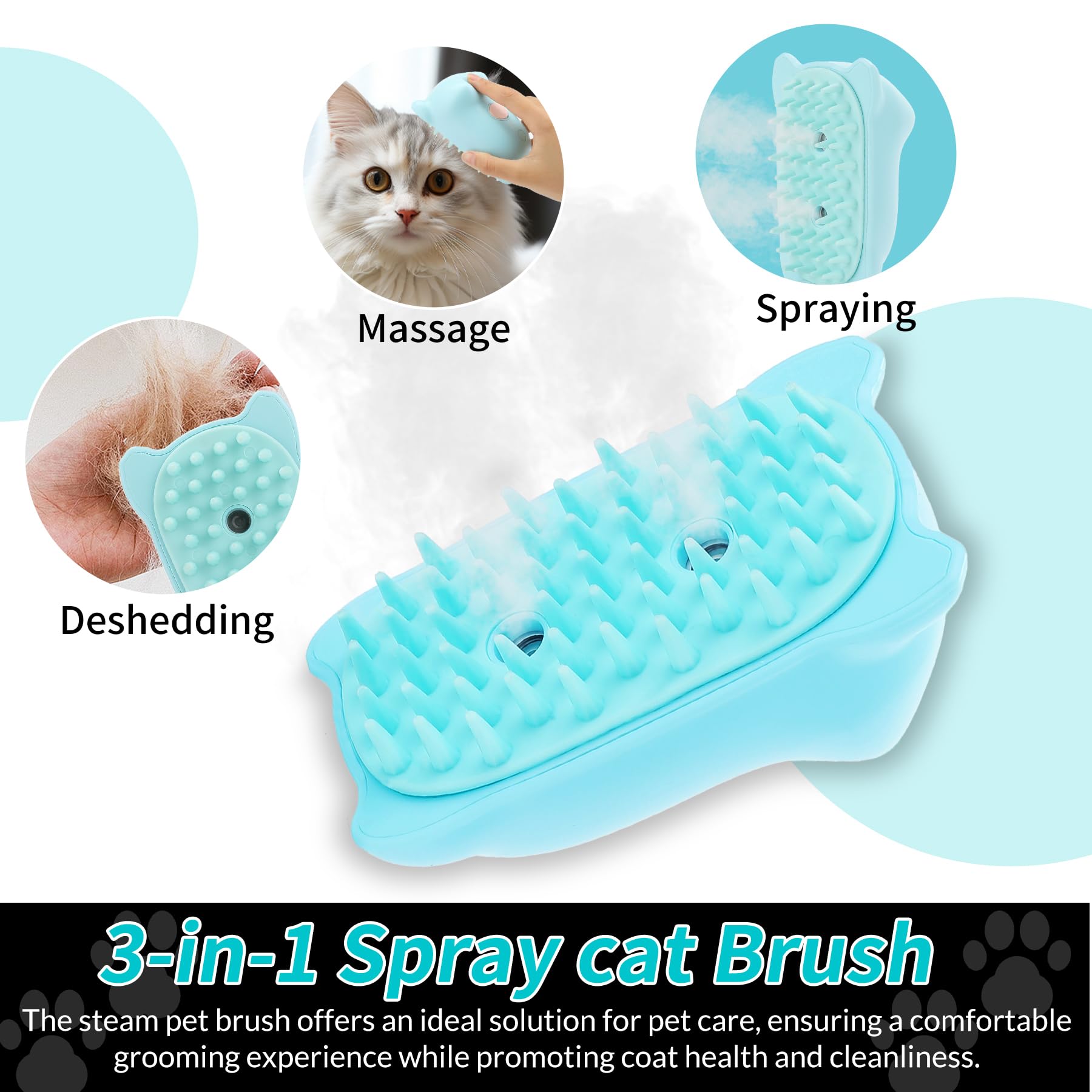 Steam Brush 3 In 1 For Shedding Grooming, Rechargeable Silicone Pet Brush For Cat Dog Massage And Clean Comb - Blue