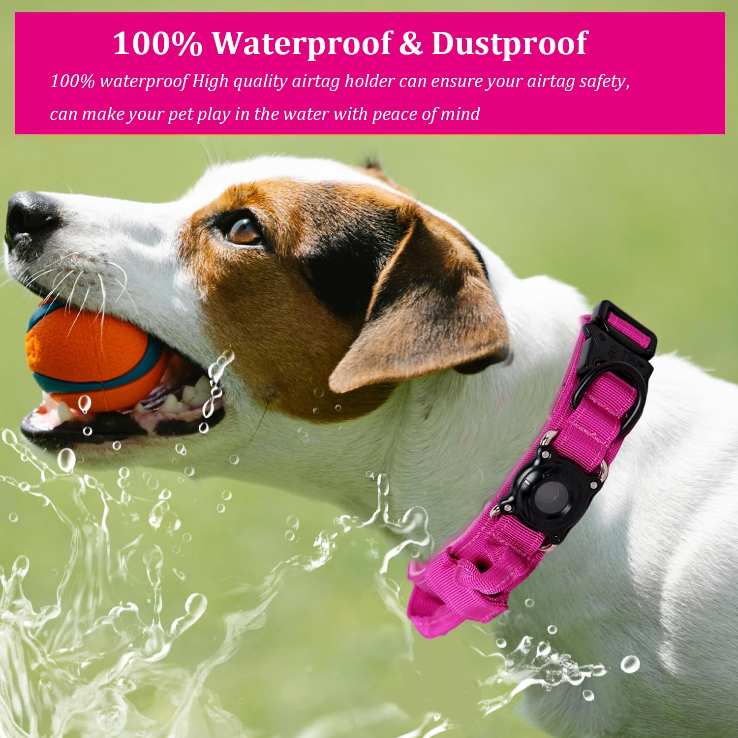 Tactical Dog Collar With Airtag Holder Waterproof Dog Airtag Collar With Control Handle (Rose Red