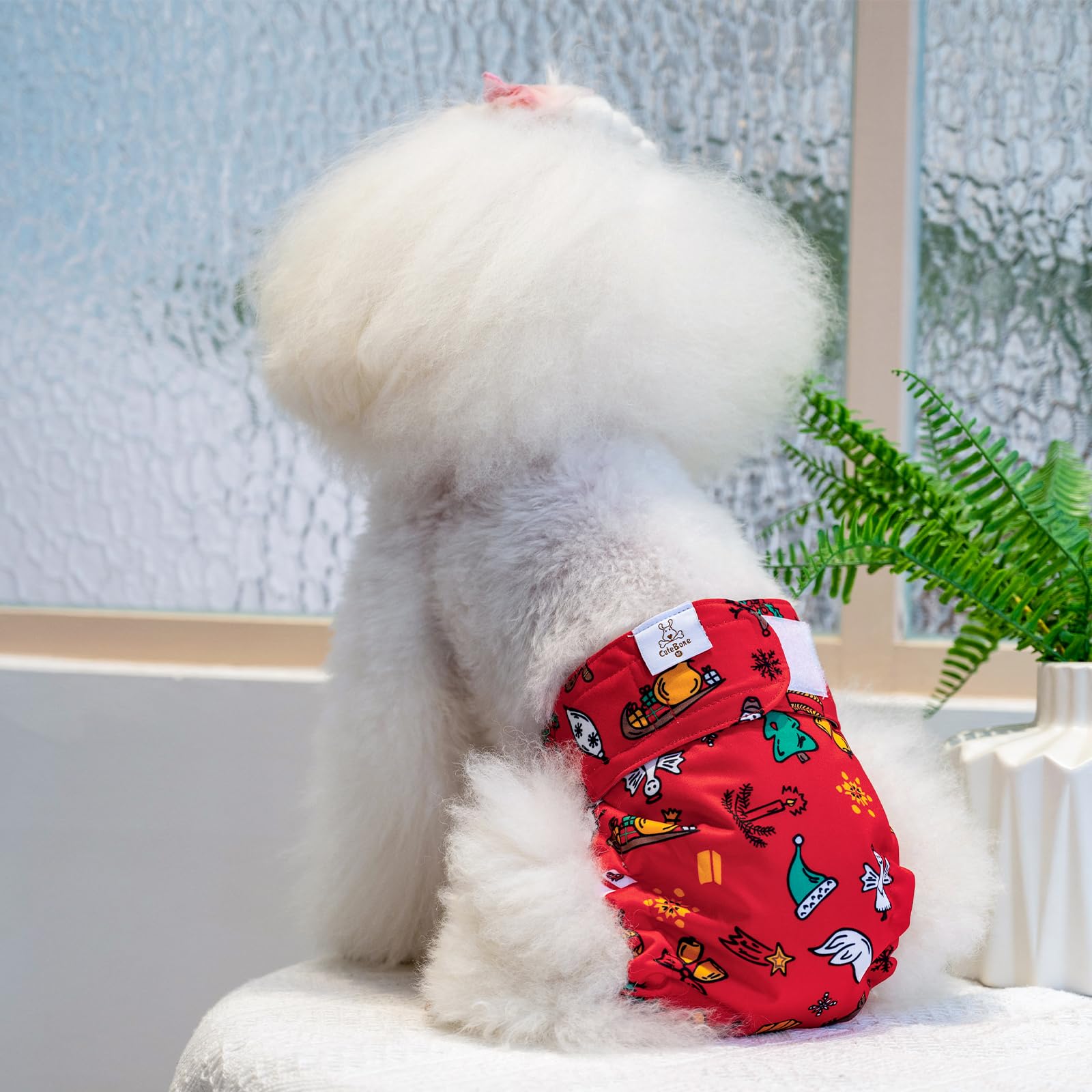 Cutebone Washable Christmas Dog Diapers Female No Tail Hole 3 Pack Reusable Doggie Period Training Pants For Docked-Tail Frenchi