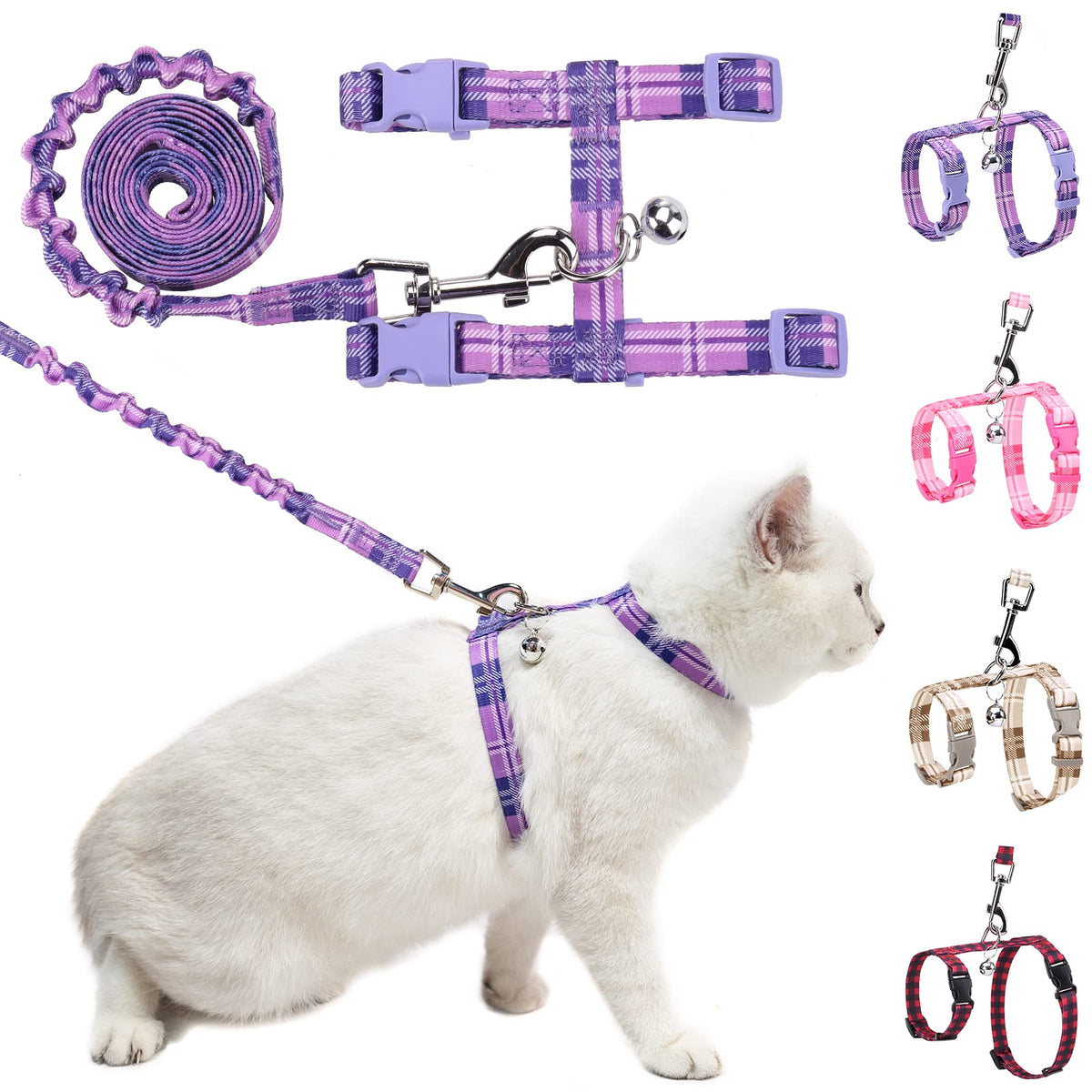 Beautyzoo Cat Harness And Leash Set Escape Proof For Walking, Kitten Soft Adjustable Vest Harnesses For Small Medium Large Cats, Easy Control Breathable Plaid Ribbon Nylon For Outdoor Indoor Use