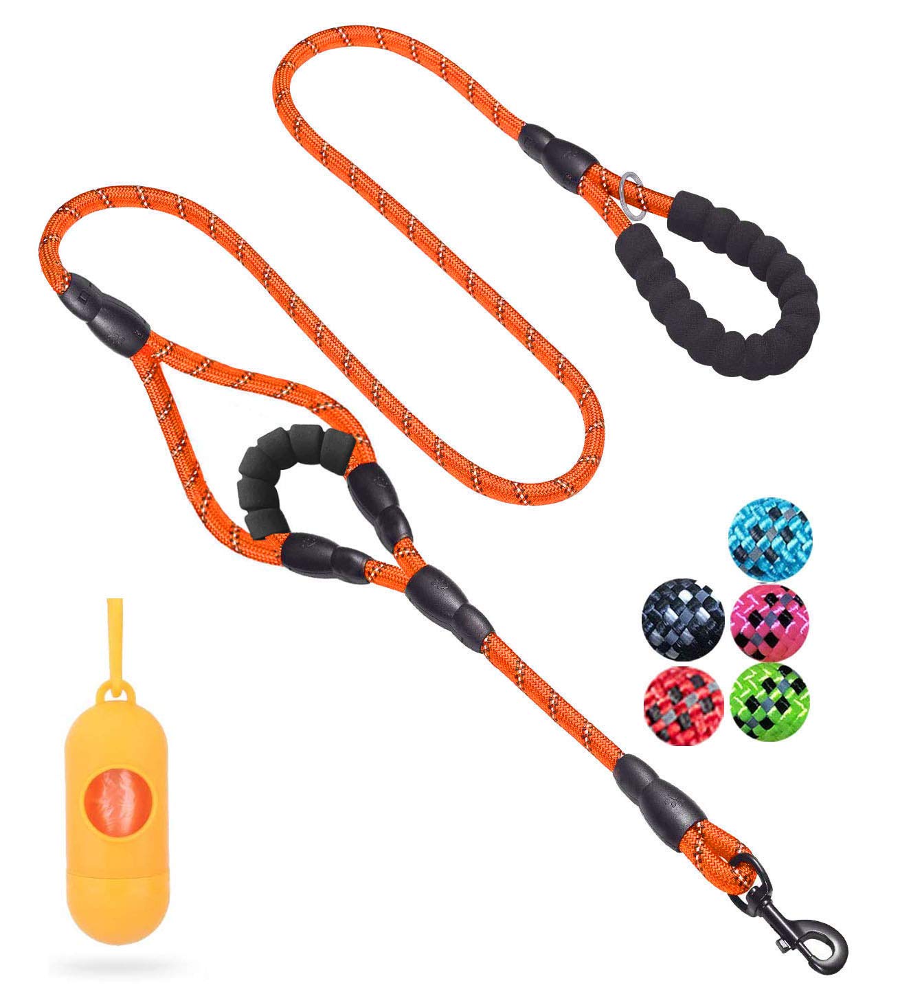 JSXD Heavy Duty Double Handle Dog Leash - 5 FT with Comfortable Padded & Reflective Rope for Small, Medium, Large Dogs (Rope-Ora