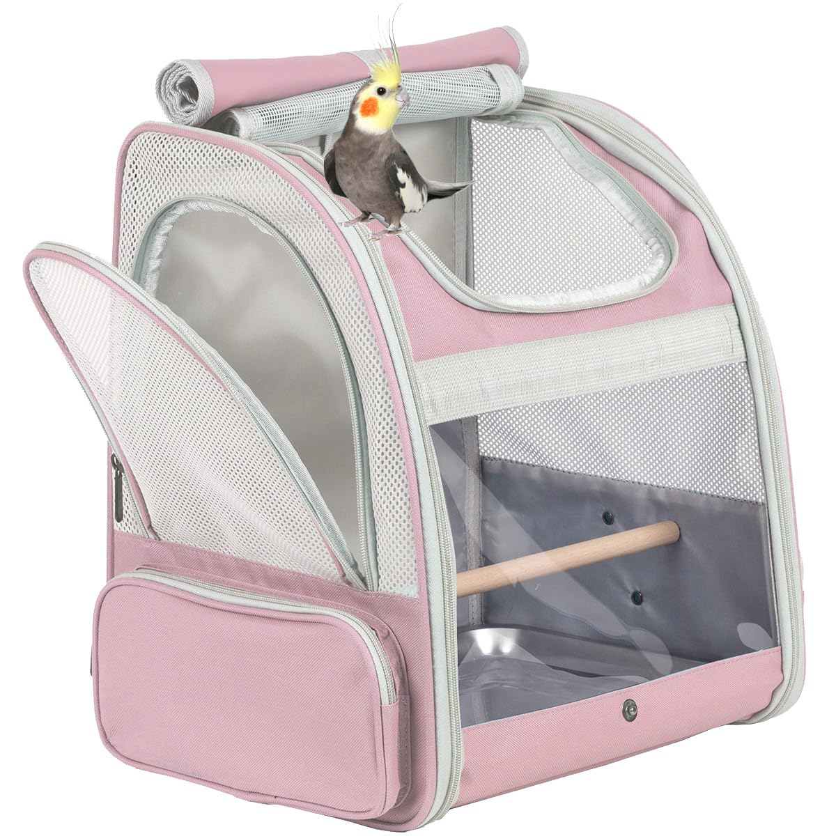 Orizzp Bird Carrier Backpack With Wooden Stand Perch, Bird Travel Carrier Backpack (Pink, Bird Backpack)