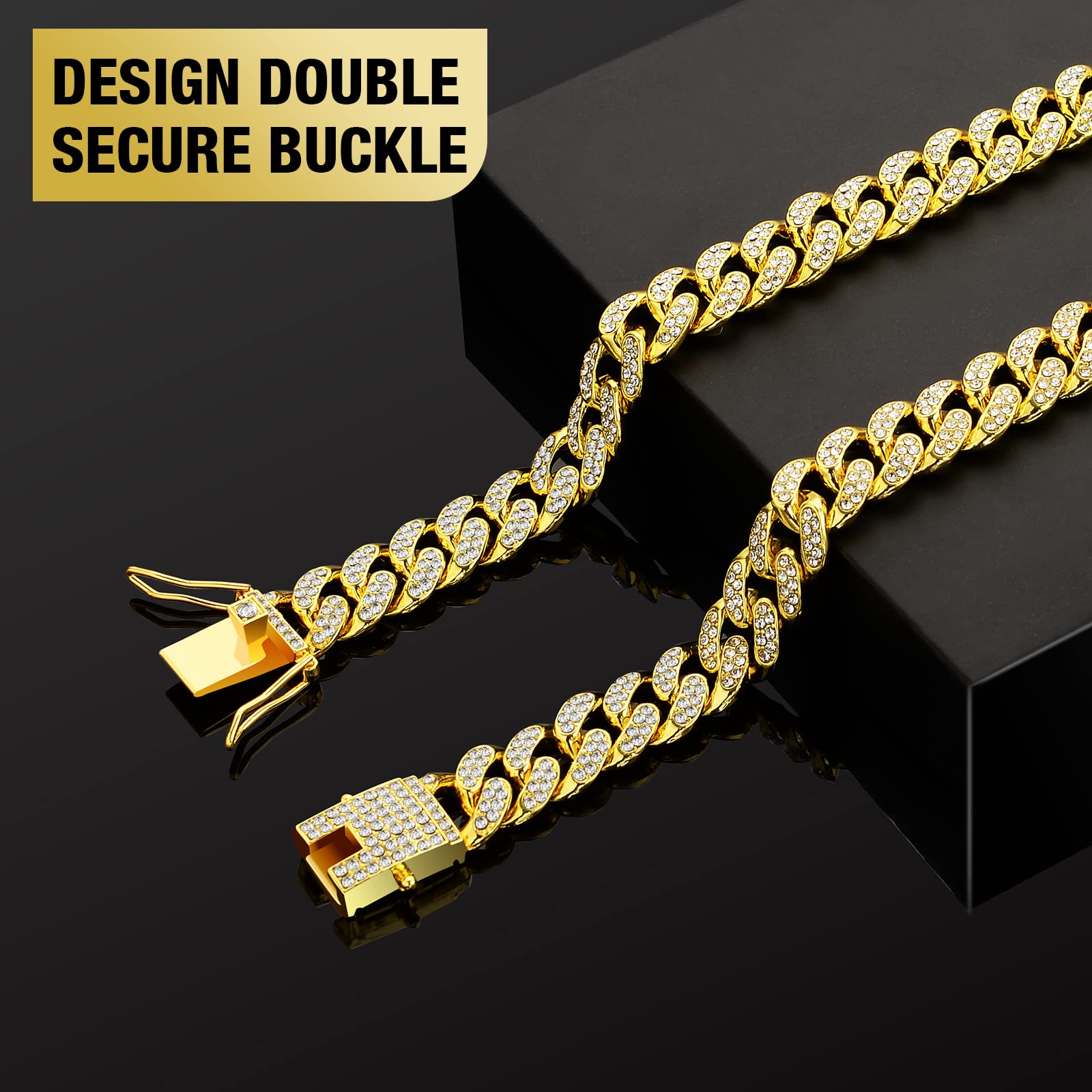 Wimupath Gold-Plated Diamond Dog Collar - Cuban Style Metal Chain With Secure Buckle, Luxury Durable Collar For Small/Medium/Lar