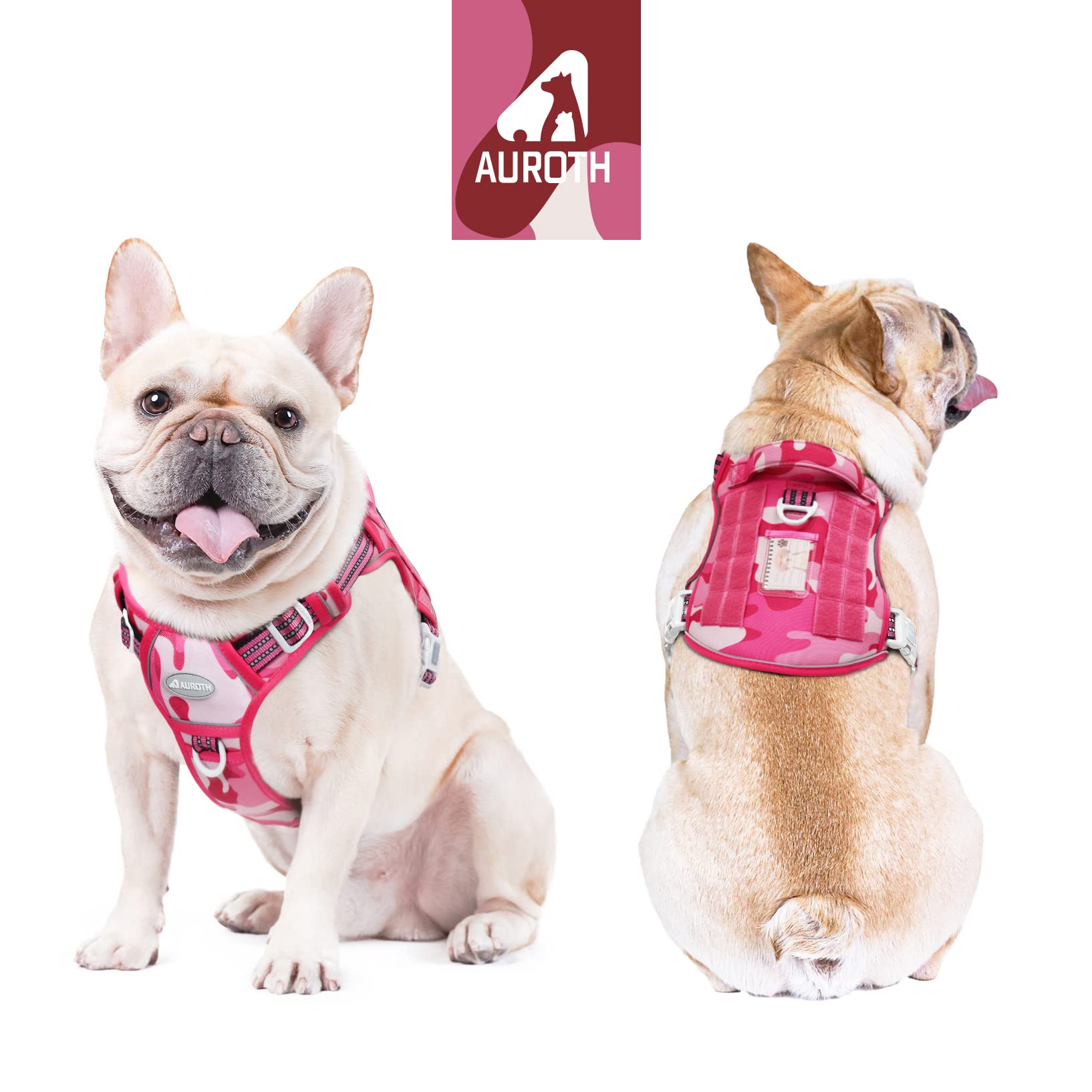 Auroth Tactical Dog Harness For Small Medium Large Dogs No Pull Adjustable Pet Harness Reflective K9 Working Training Easy Control Pet Vest Military Service Dog Harnesses Small, Pink Camo