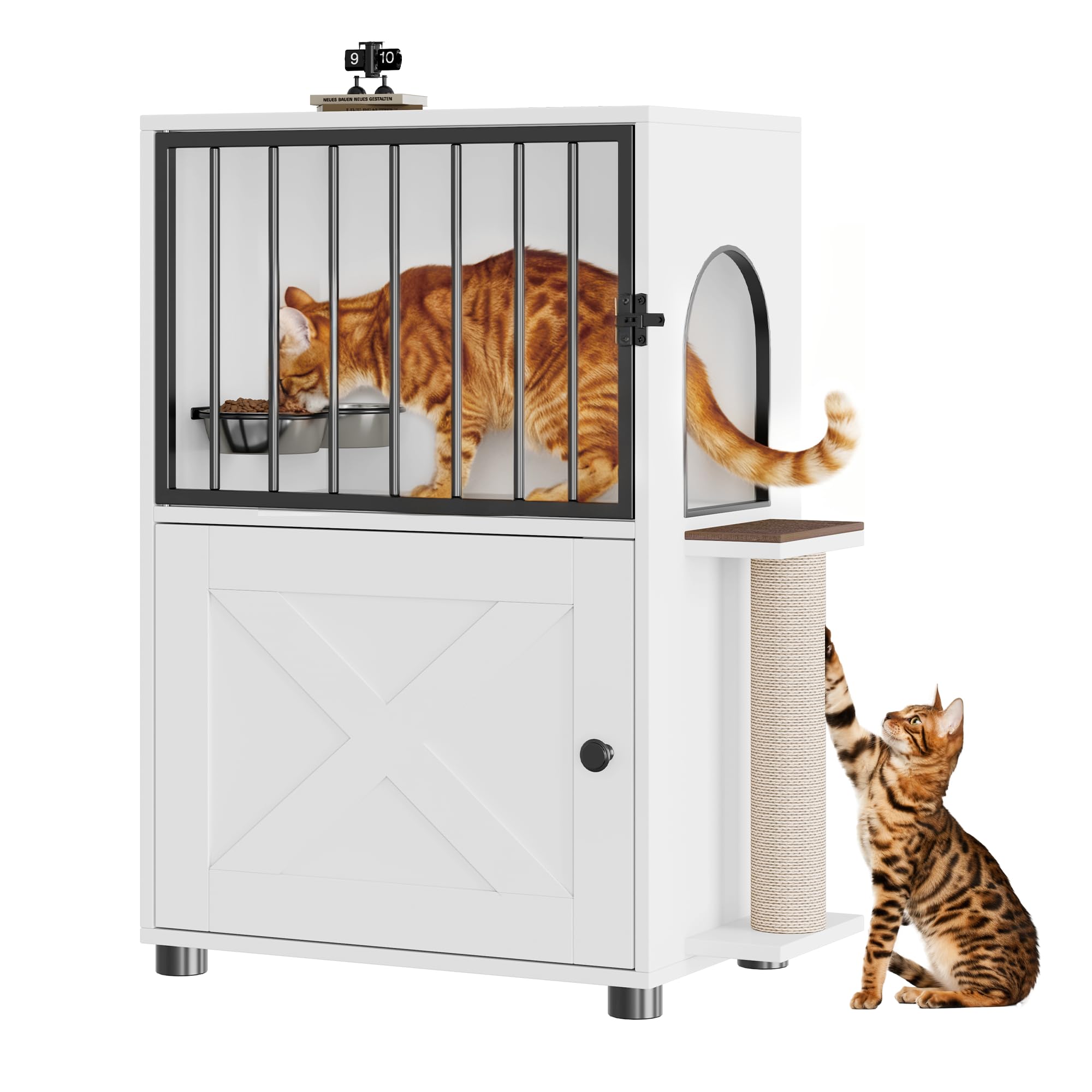 VKTO Cat Feeding Station, Dog Proof Cat Feeding Station with Scratching Post, Elevated Food Bowls with Stand, Cats Tree with Foo