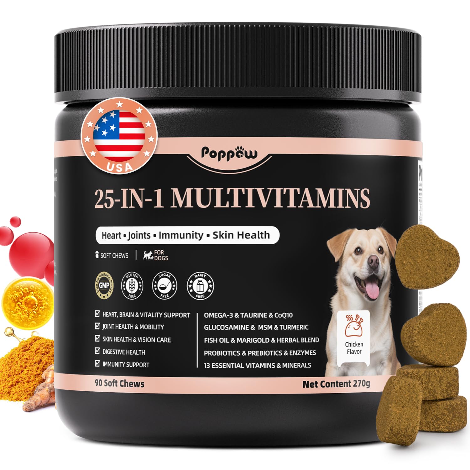 POPPAW 25-in-1 Dog Multivitamin Chews - All-in-One Daily Vitamins & Supplements for Dogs, Joint Support with Glucosamine MSM, Om