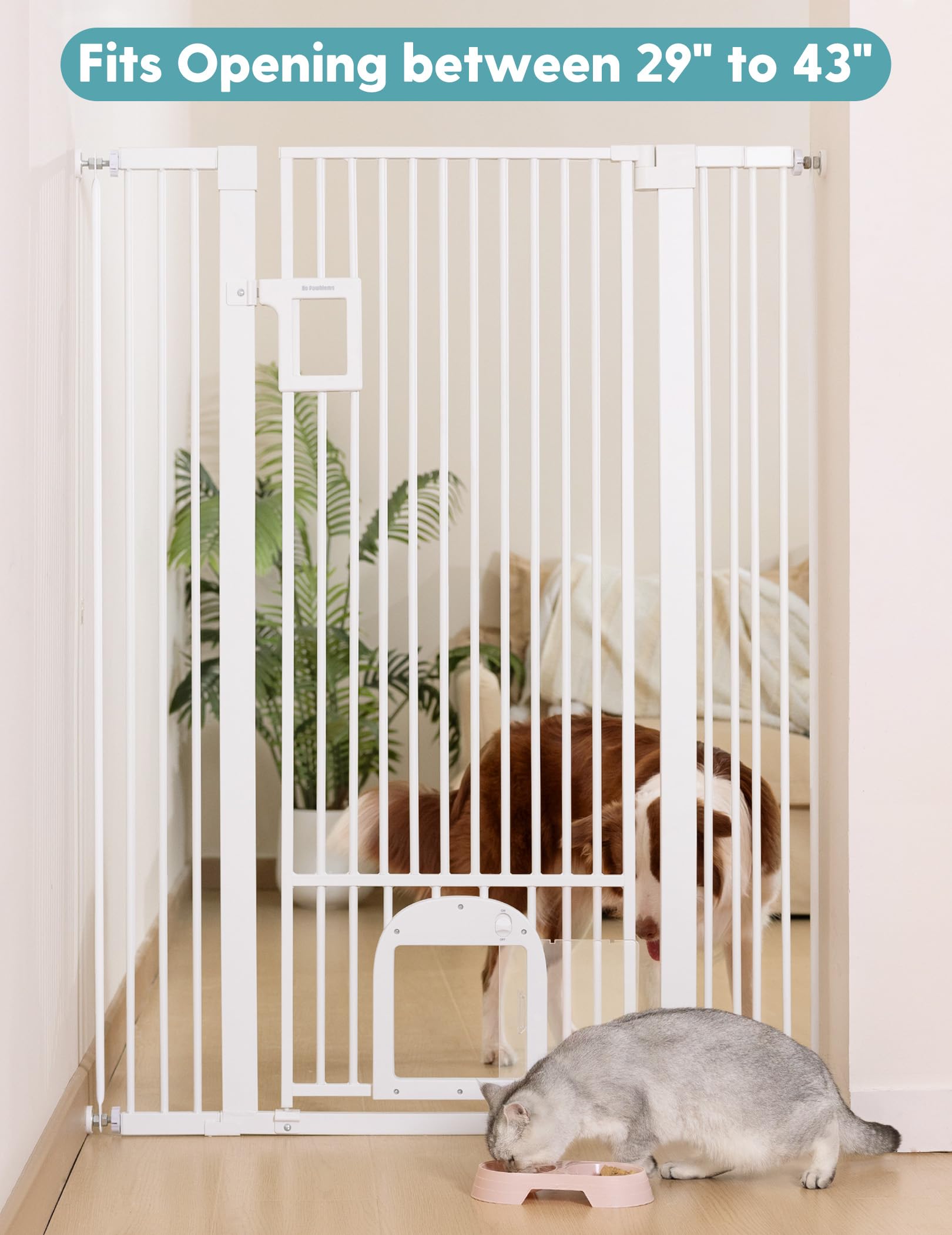 No Pawblems 55 Extra Tall Pet Gate with Adjustable Cat Door, 29-43 Auto Close Tall Dog Gate, NO Drilling Pressure Mounted for Do