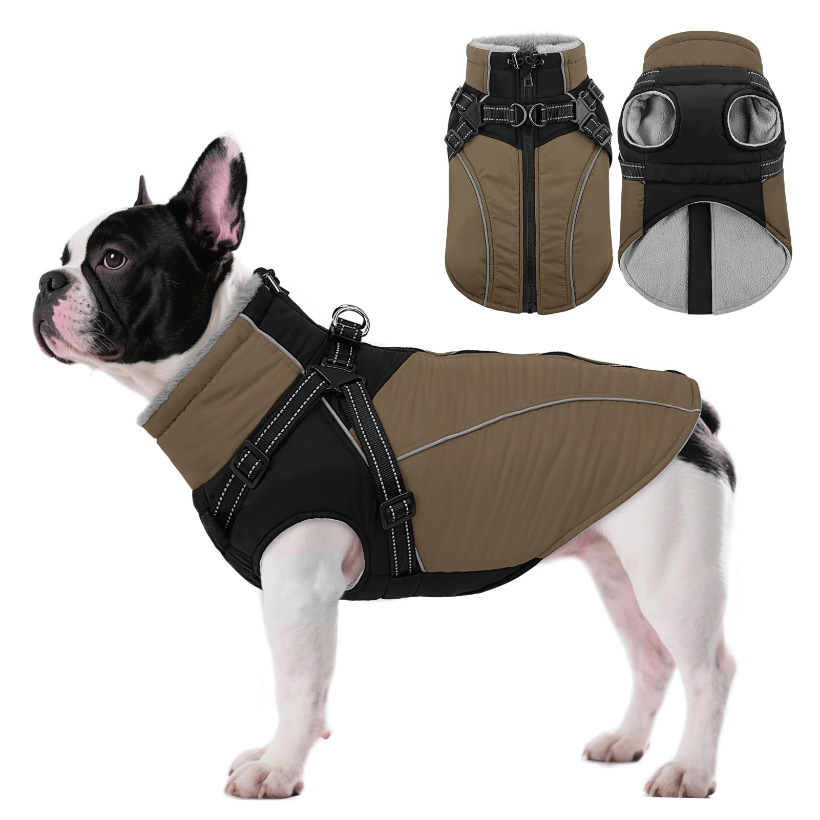 ASENKU Reflective Dog Coat with Built-in Harness, Windproof Fleece-Lined Dog Jacket for Small, Medium, Large Dogs, Warm Winter V