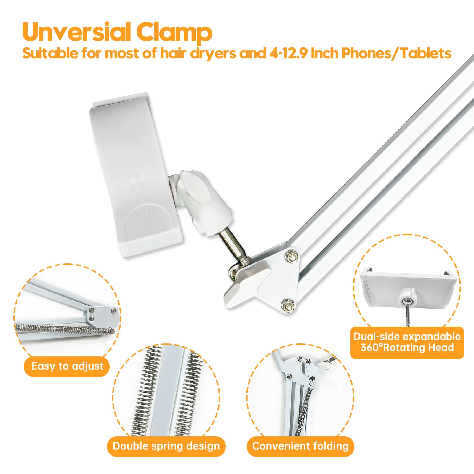 White Dog Hair Dryer Holder - 360 Rotating Hands-Free Stand With Adjustable Clamp For Blow Dryers,3-In-1 Holder For Pet Hair Dry