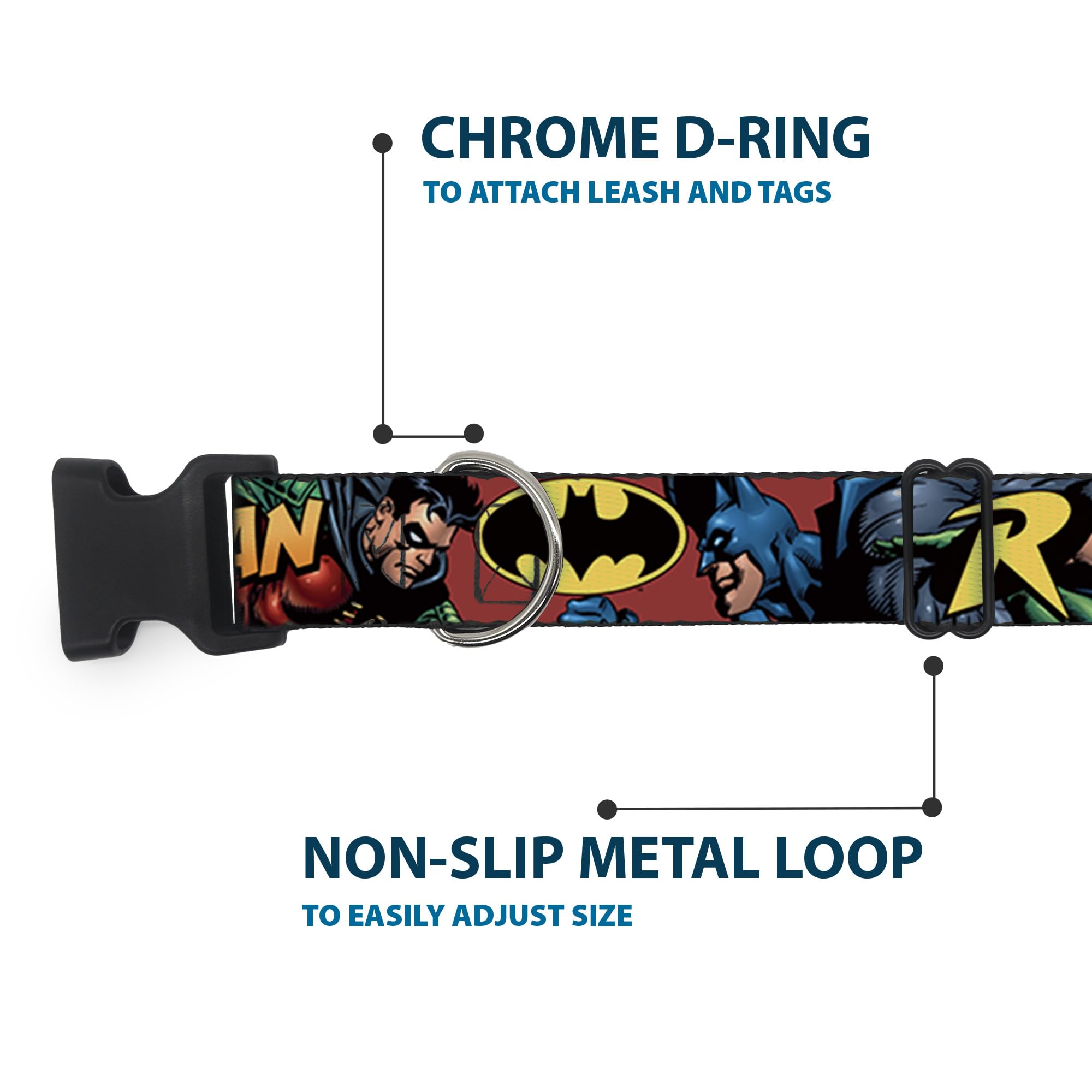 Buckle-Down 'Batman & Robin In Action With Text' Plastic Clip Collar, Burgundy, 1.5'/16-23'/Medium