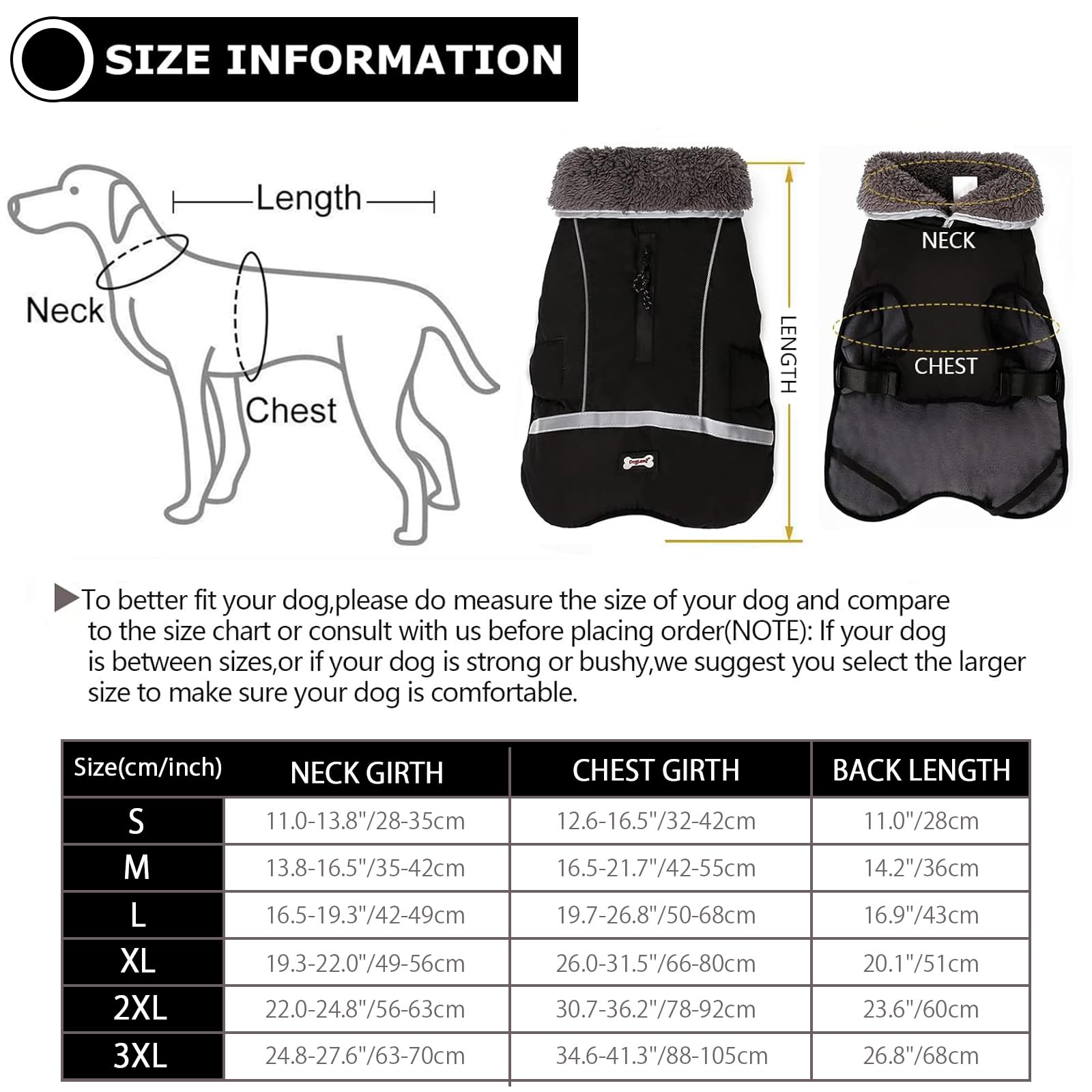 QBLEEV Waterproof Winter Dog Coat, Reflective Turtleneck Fleece Jacket for Medium Black Dogs
