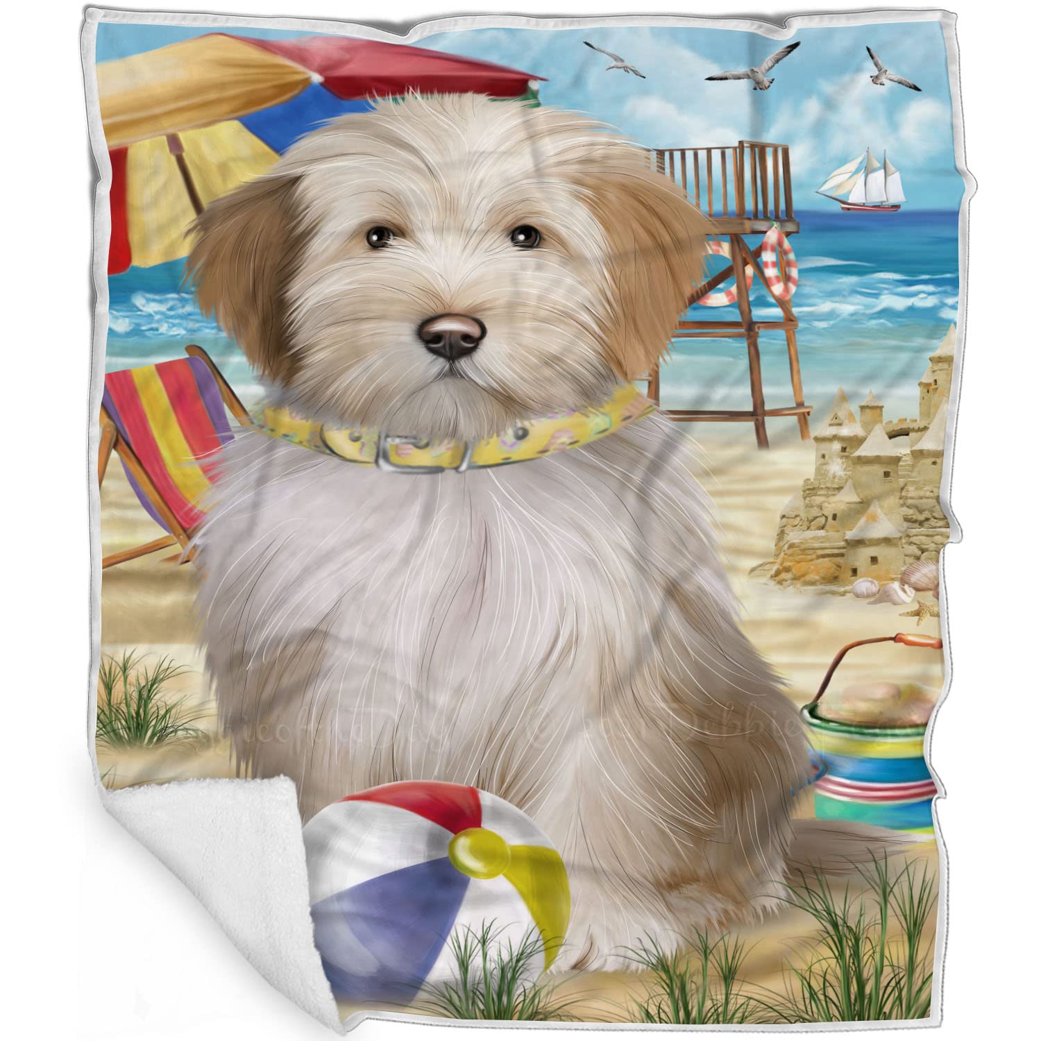Pet Friendly Beach Tibetan Terrier Dog Blanket  Lightweight Super Soft Cozy and Durable Bed Blanket  Animal Theme Fuzzy Blanke
