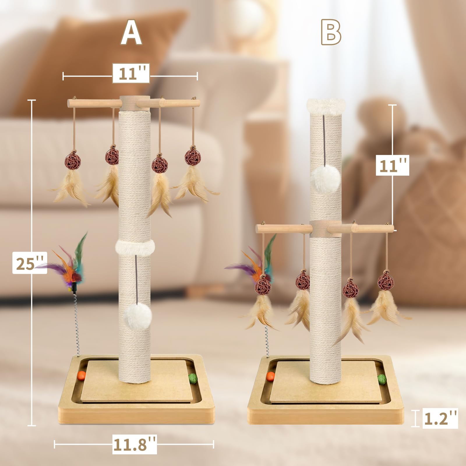 Cat Scratching Post, Sisal, Scratcher Tree Tower For Indoor Cats Adults With Hanging And Ball Track, 2 Mounting Methods Interact