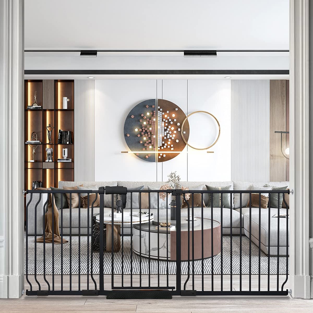 Hoooen Extra Wide Baby Gate Extra Wide Extra Tall Dog Gates For Stairs Doorways Black Metal Tension Indoor Safety Gates With Pressure Mount 76.38-81.1 Inch