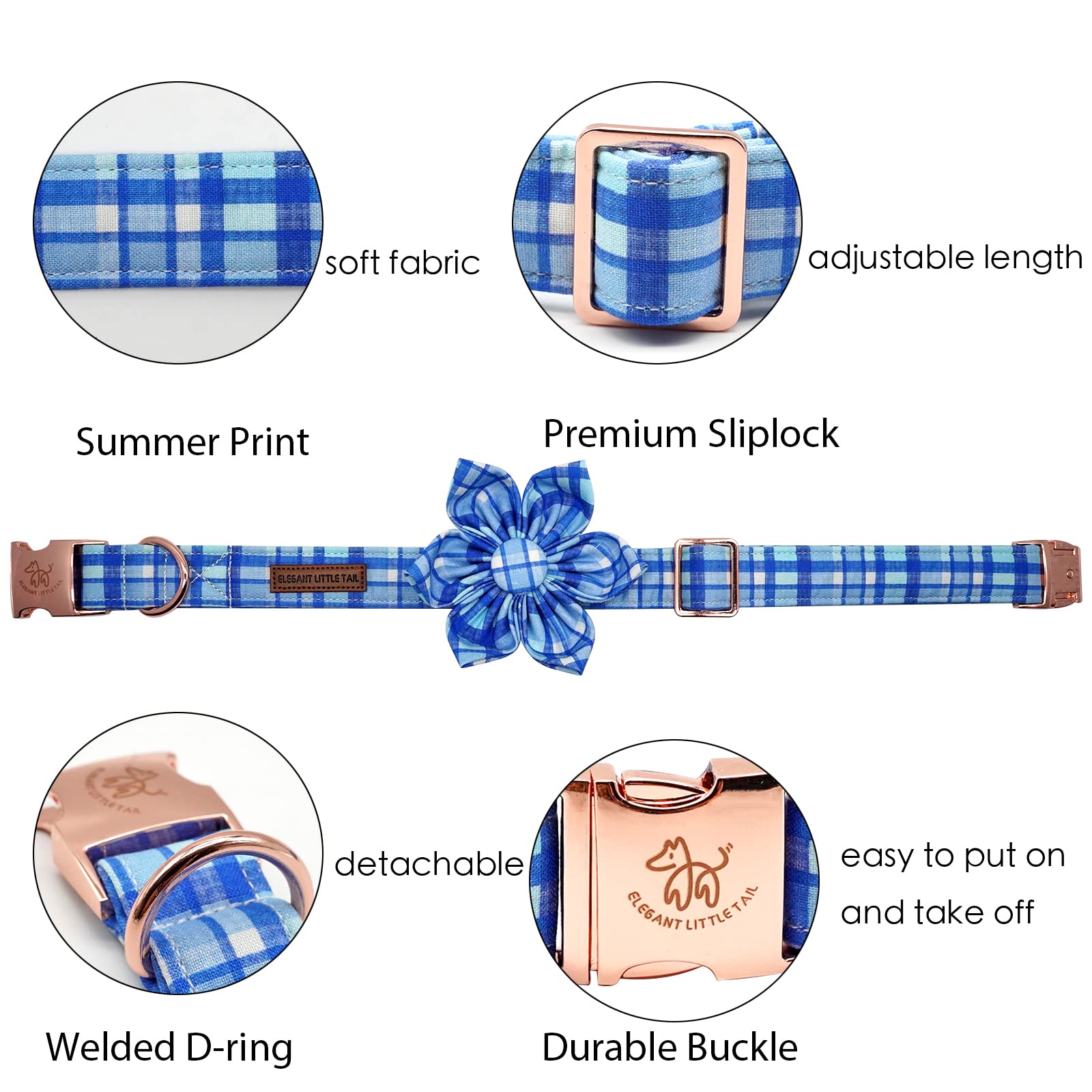 Elegant little tail Dog Collar with Flower - Blue Plaid Dog Collar Cute Flower Collar Adjustable Dog Collar for Large Dog