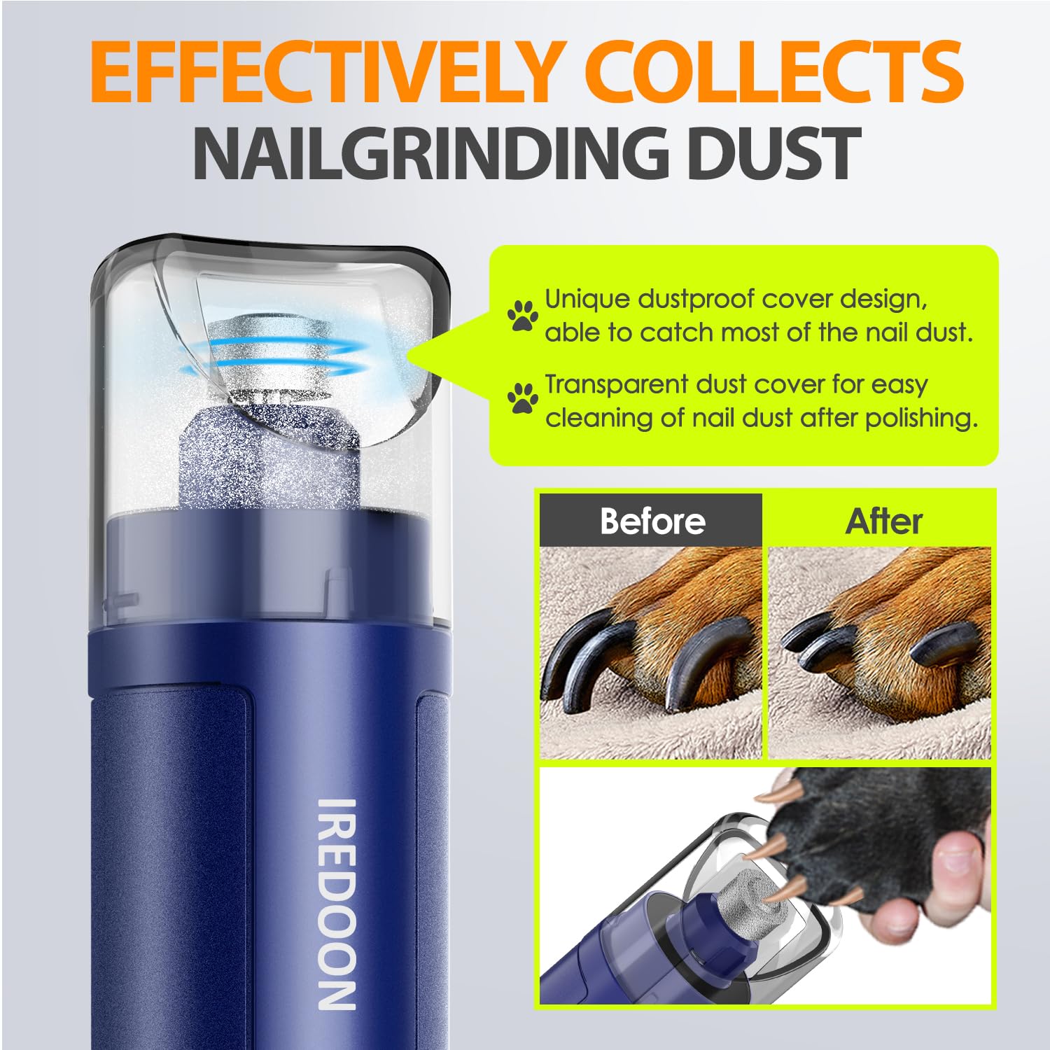 Iredoon Dog Nail Grinder Upgraded - Professional 3-Speed Super Quiet And Low Vibration Electric Pet Nail Grinder With 4 Led Ligh