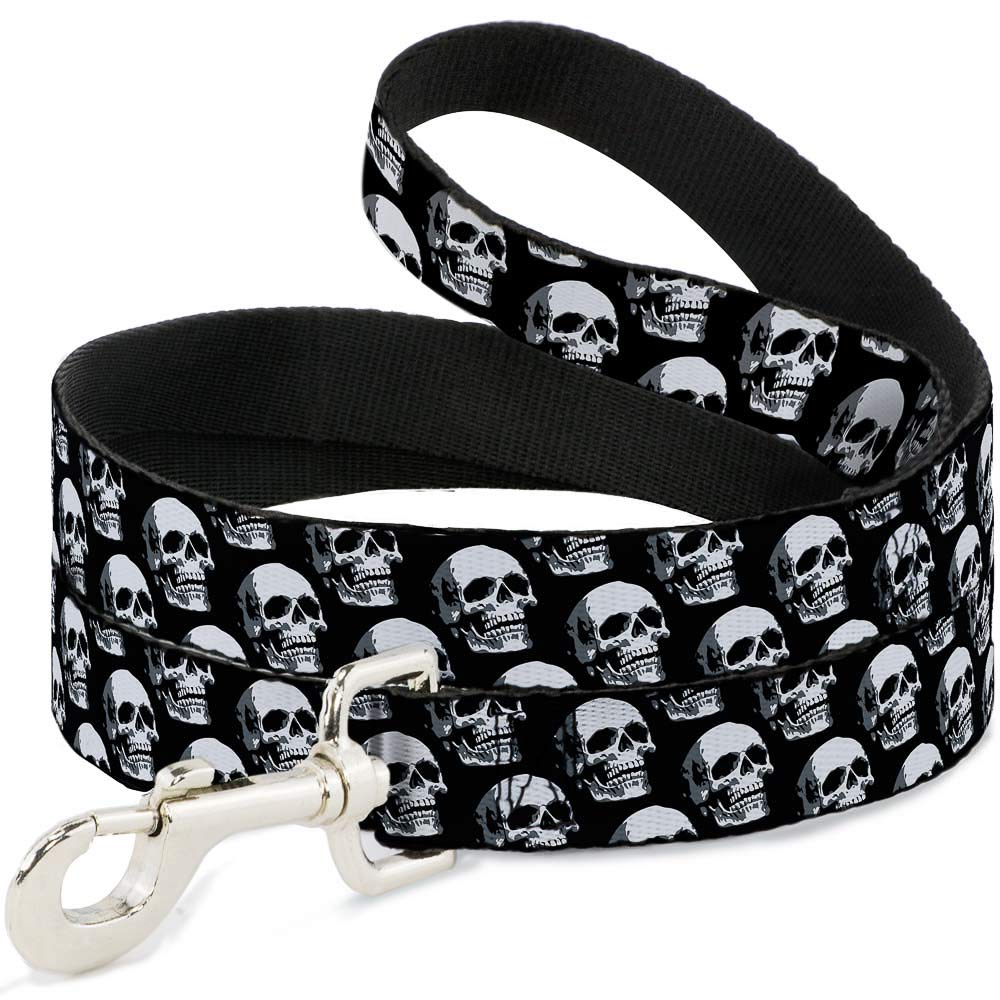 Dog Leash 3 D Skulls Repeat Black Grays White 6 Feet Long 0.5 Inch Wide