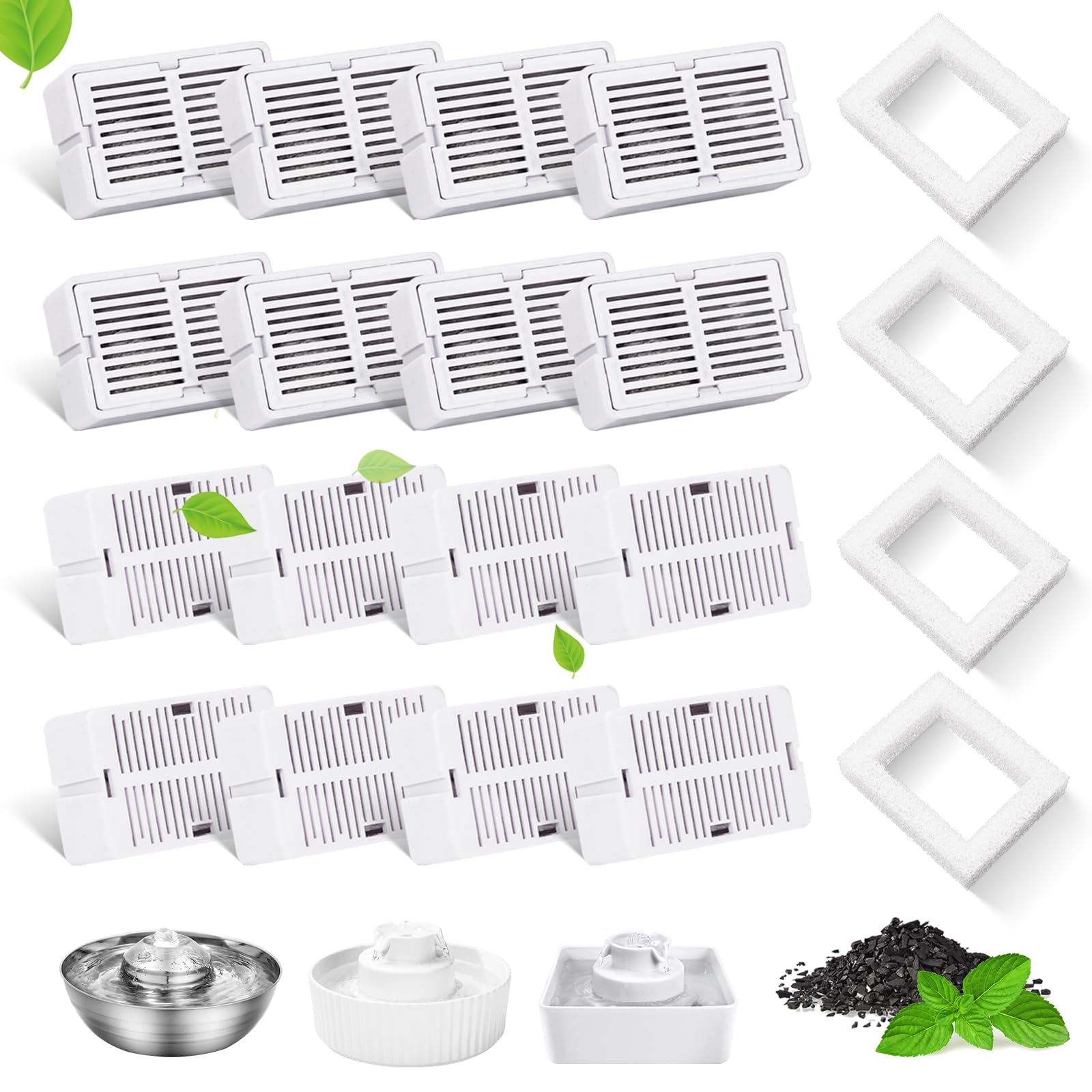 16 Packs Cat Water Fountain Filter For 2.1L/71Oz Cupcake Ceramic Cat Dispenser, 16 Carbon Filters & 4 Foam Filters For Porcelain